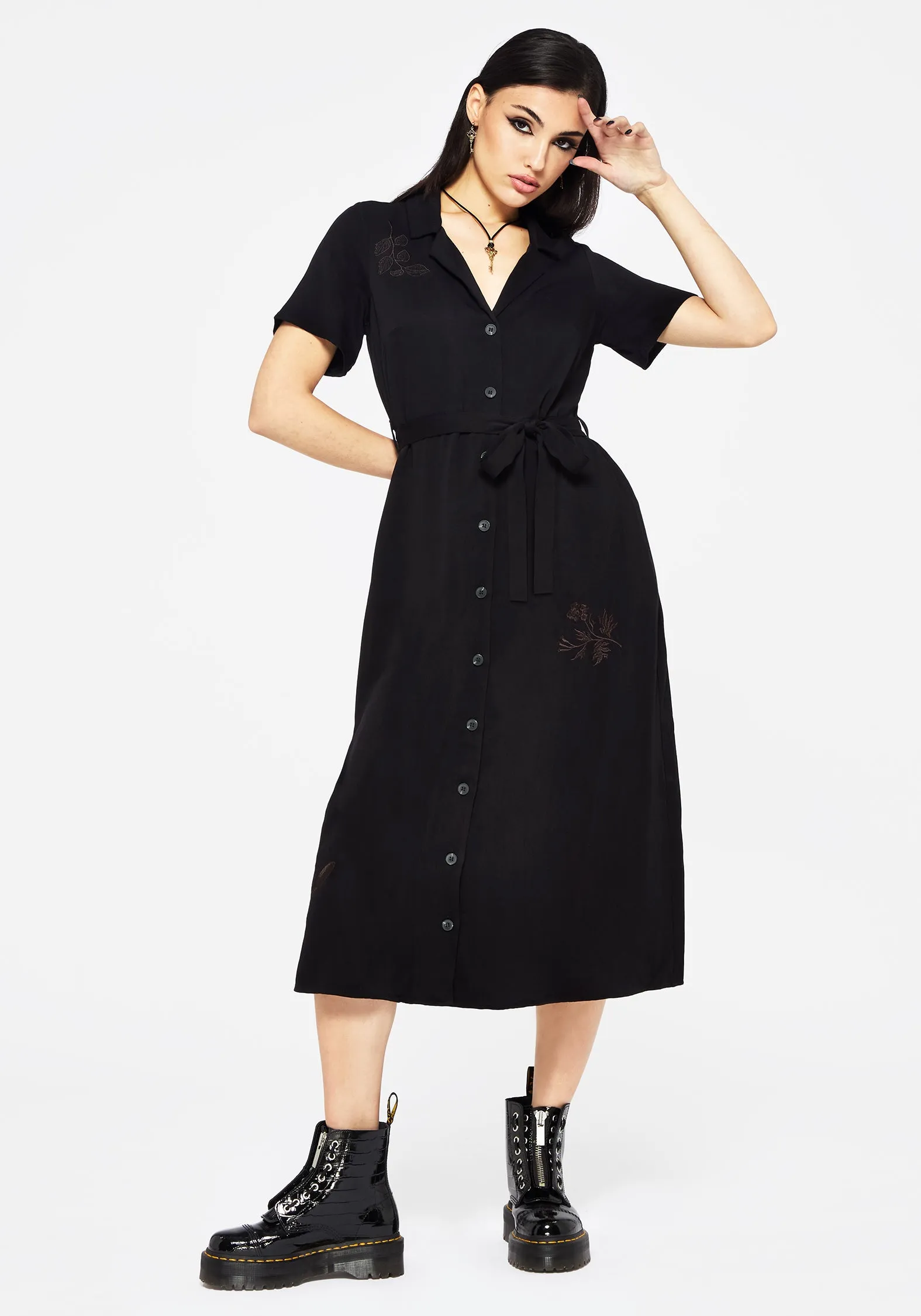Fairfolk Floral Embroidery Tie Waist Button Down Midi Shirt Dress sold by Disturbia