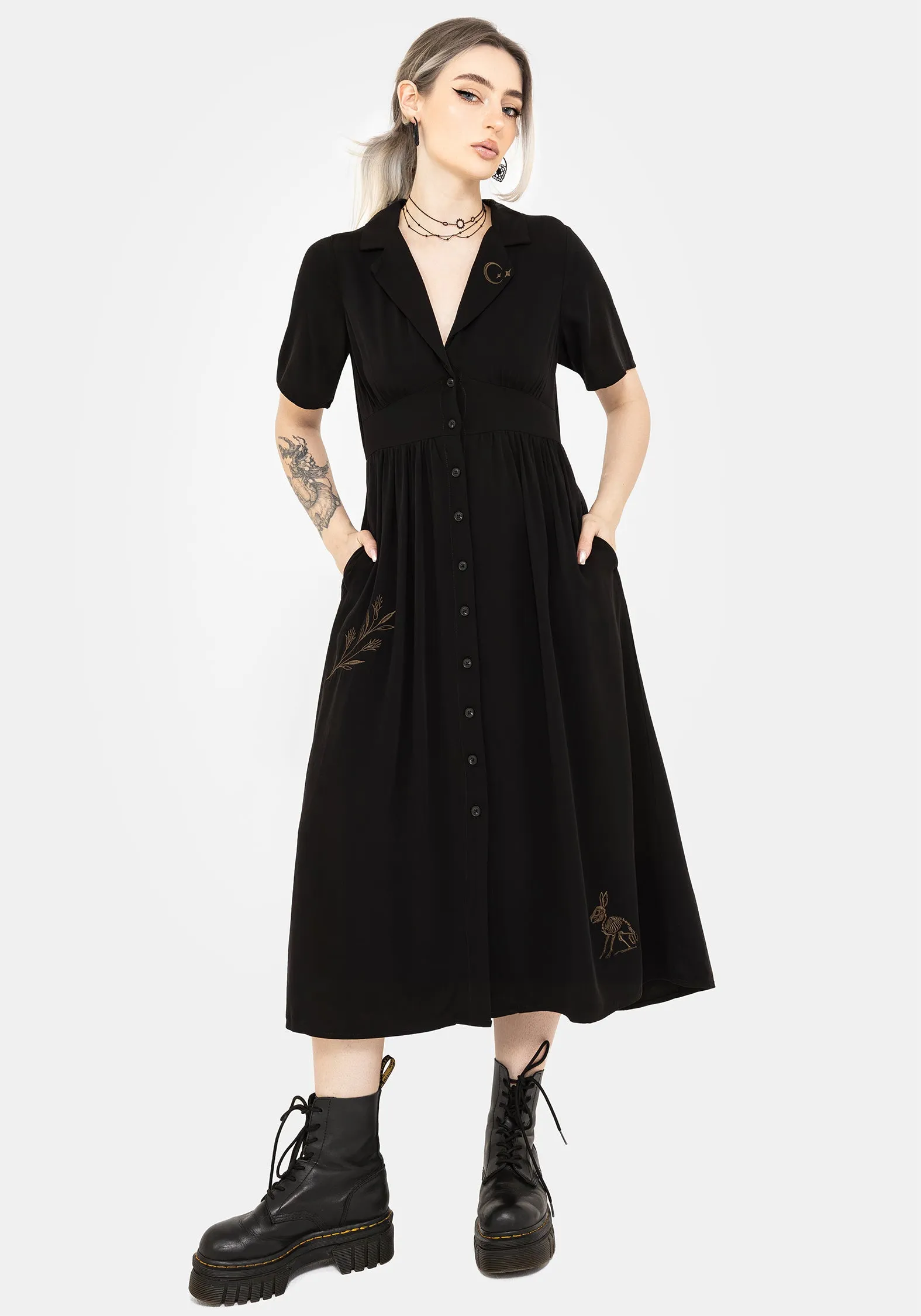Hester Embroidered Button Up Midi Shirt Dress sold by Disturbia