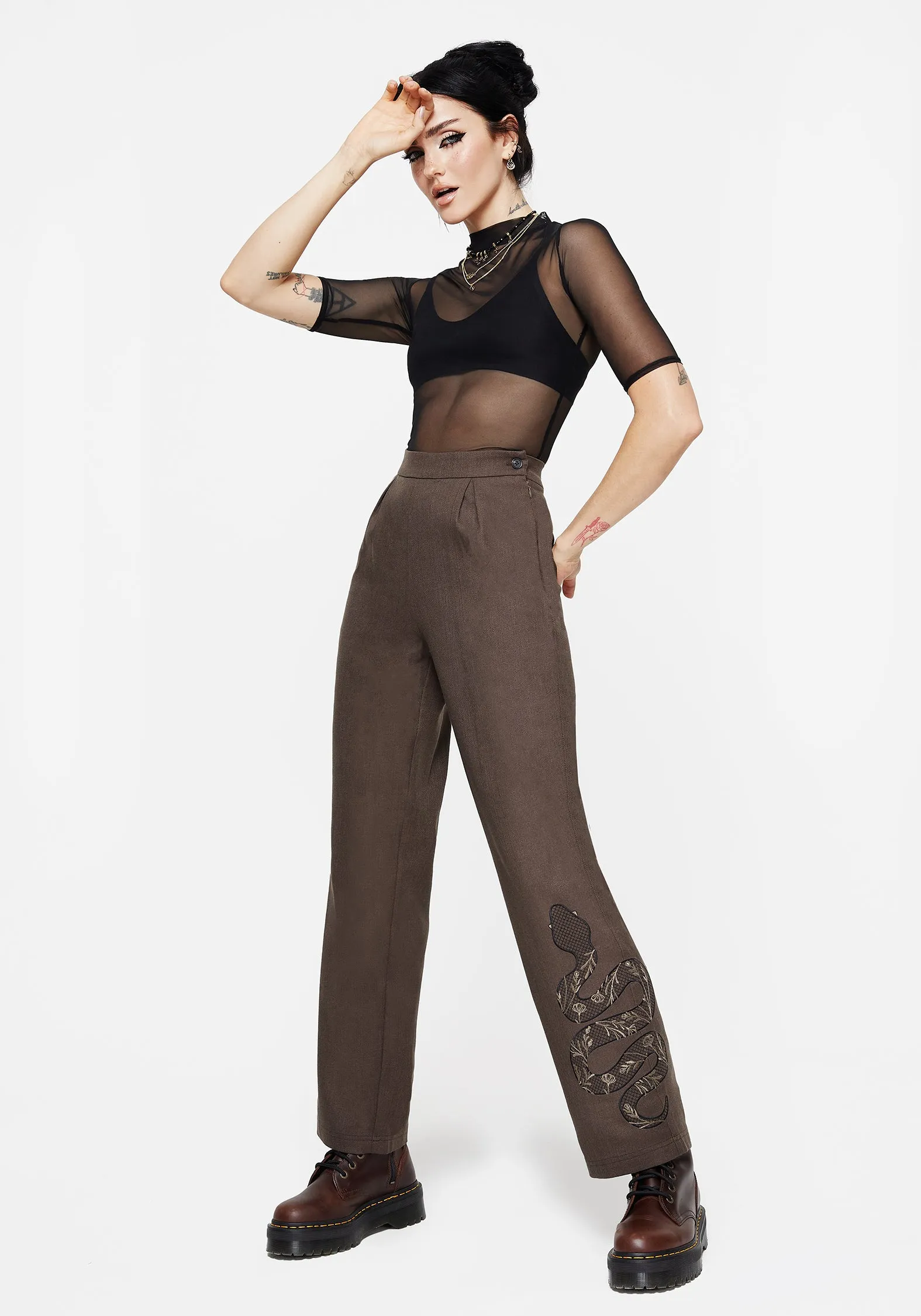 Gaia Linen Blend Snake Embroidered Wide Leg Trouser sold by Disturbia product image thumbnail 4