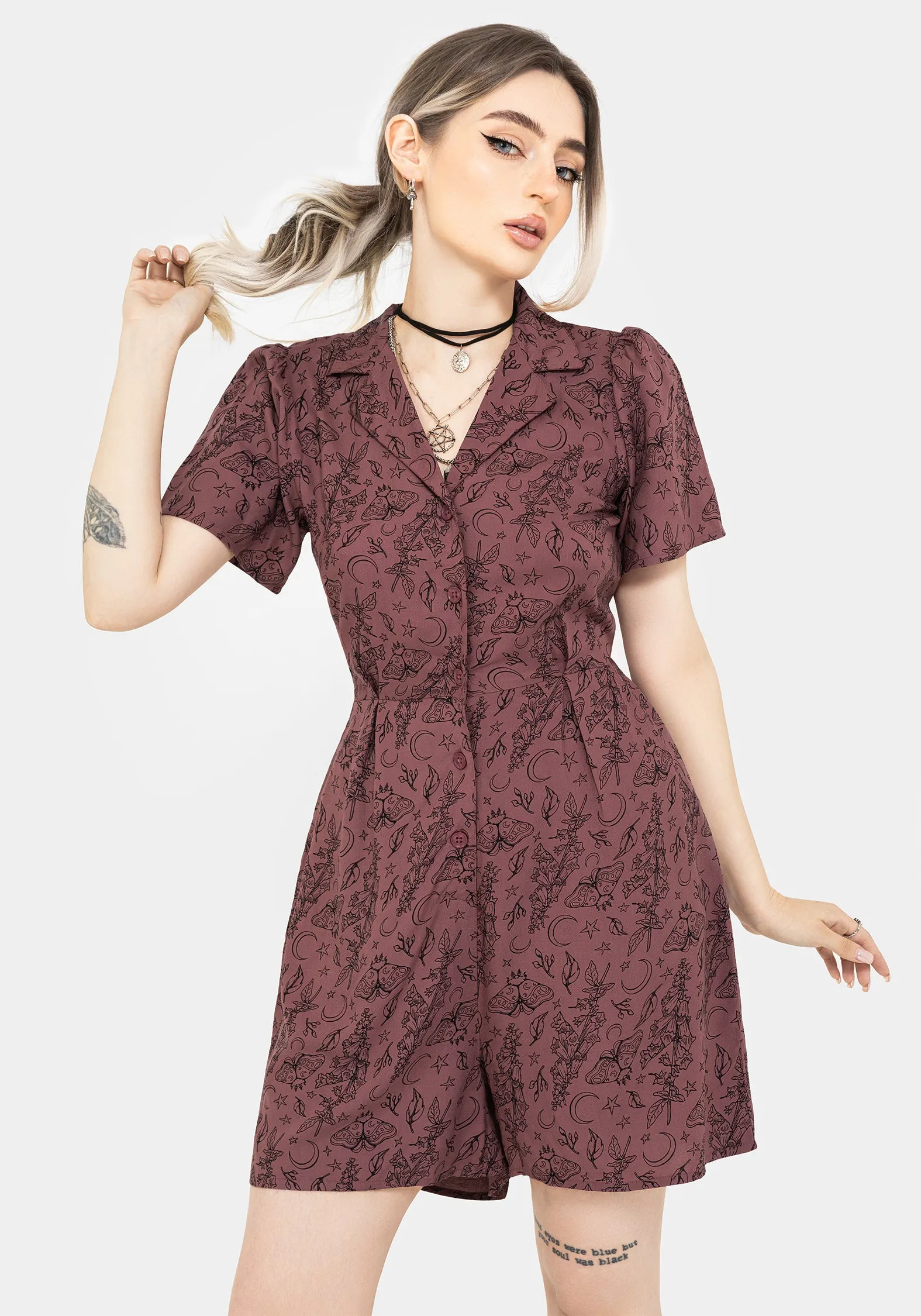 Roxana Moth Foxglove Button Up Playsuit sold by Disturbia