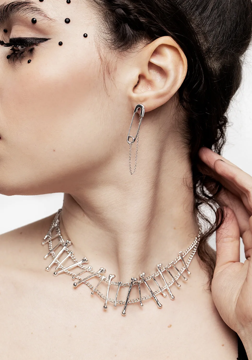 Vicious Silver Plated Safety Pin Stud Earrings With Chain sold by Disturbia product image thumbnail 4