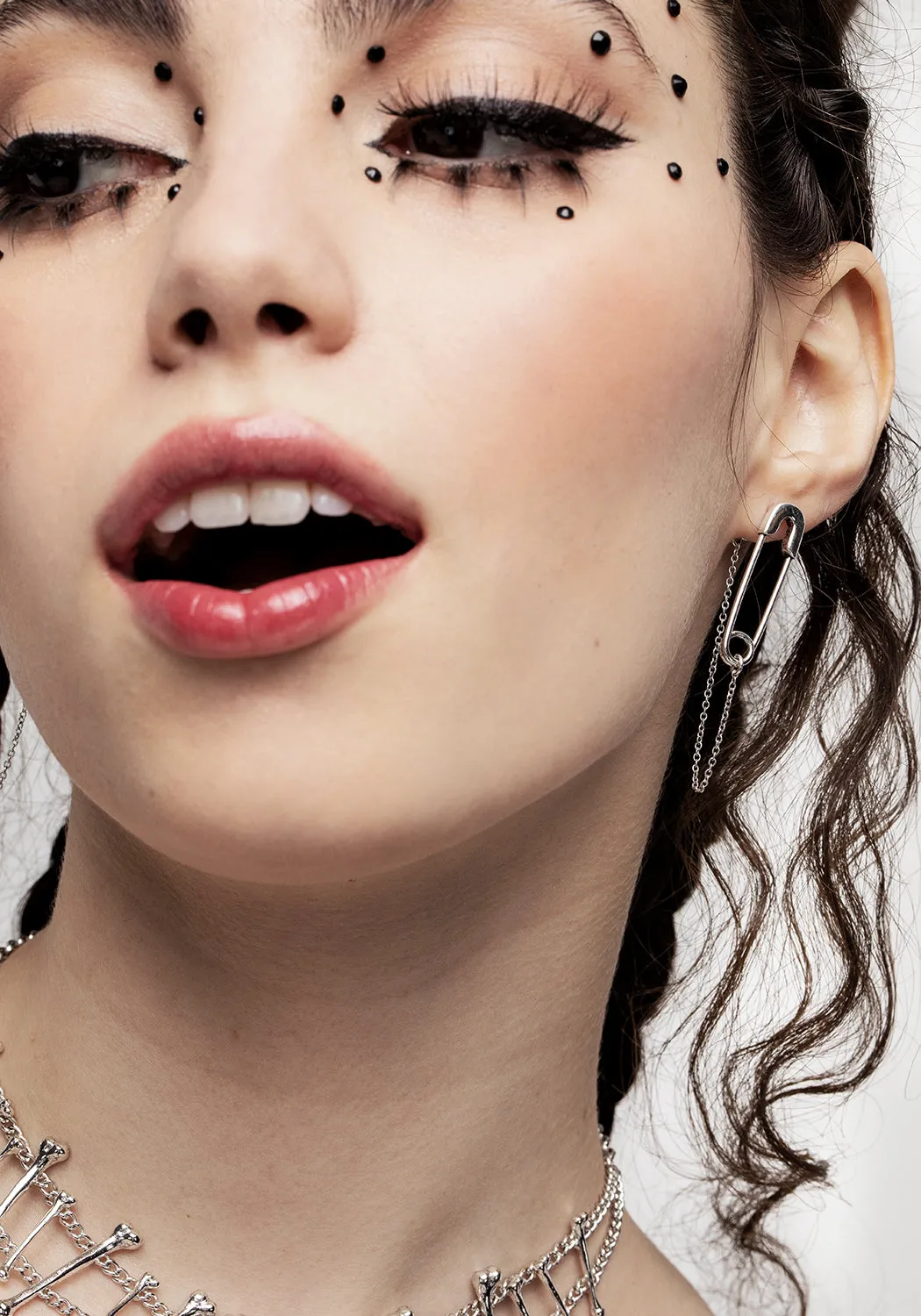 Vicious Silver Plated Safety Pin Stud Earrings With Chain sold by Disturbia product image thumbnail 3