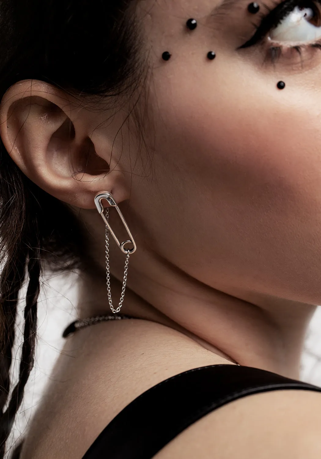 Vicious Silver Plated Safety Pin Stud Earrings With Chain sold by Disturbia product image thumbnail 5