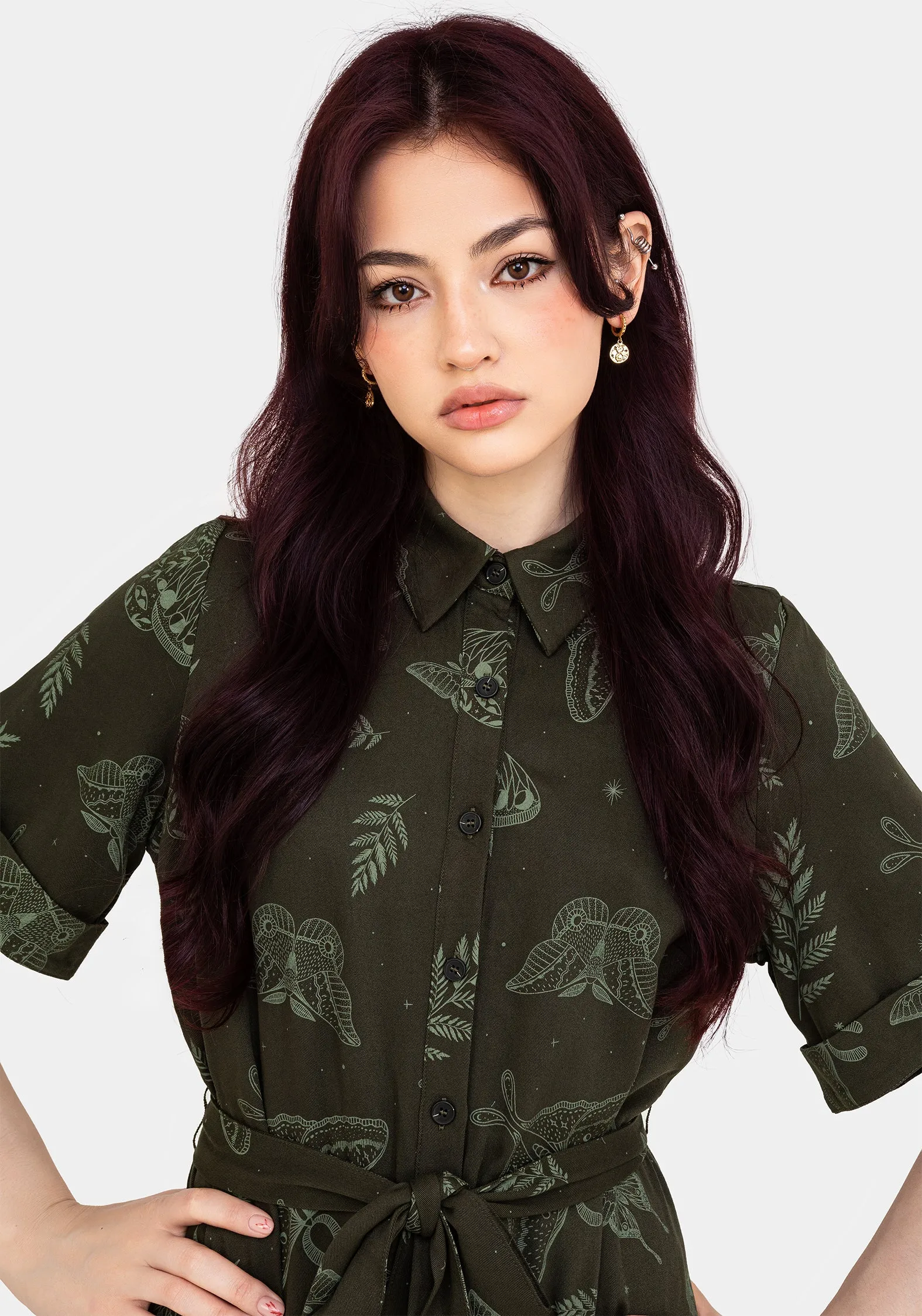 Callopistria Moth Print Mini Shirt Dress - Green sold by Disturbia product image thumbnail 5