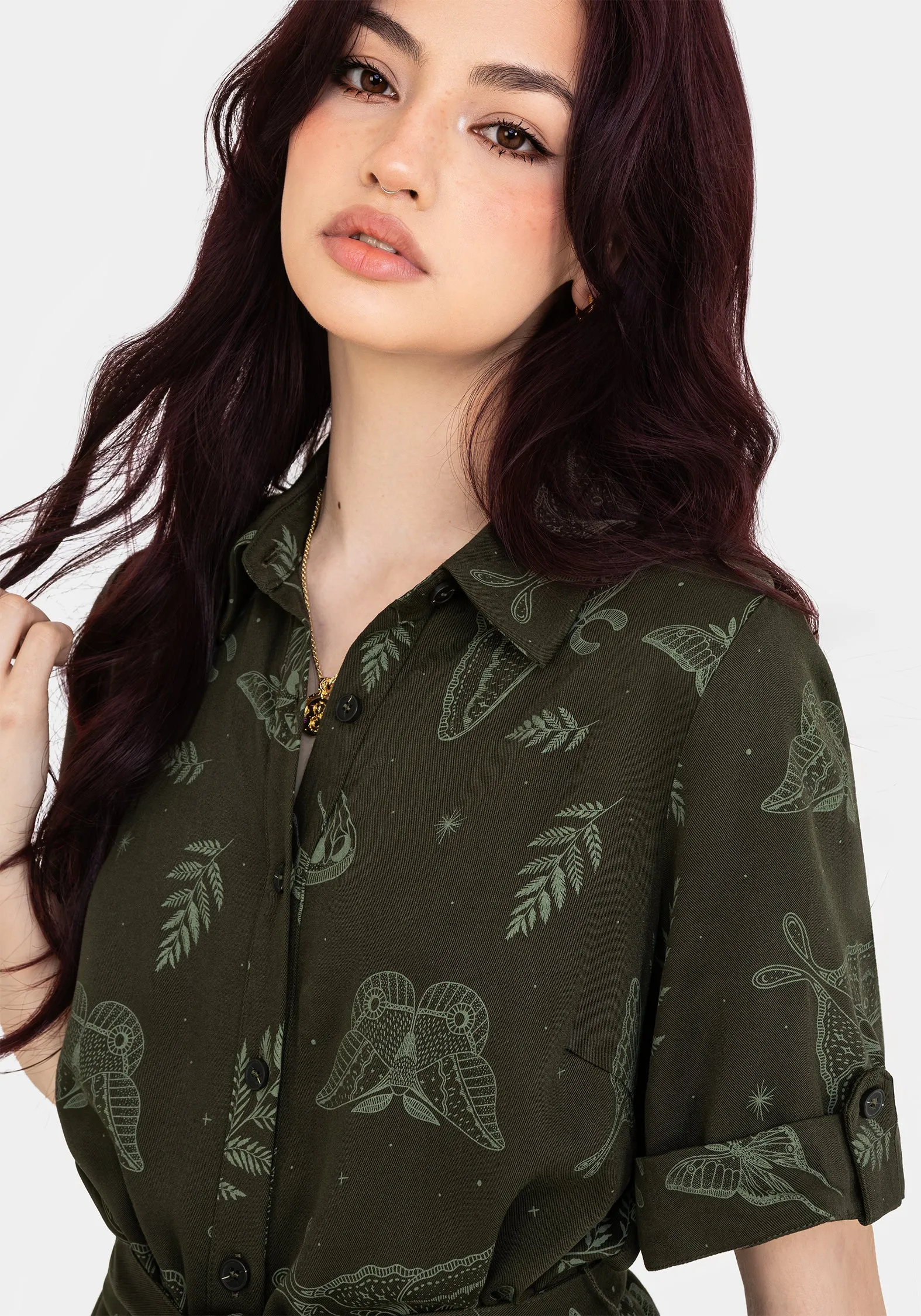 Callopistria Moth Print Mini Shirt Dress - Green sold by Disturbia product image thumbnail 2