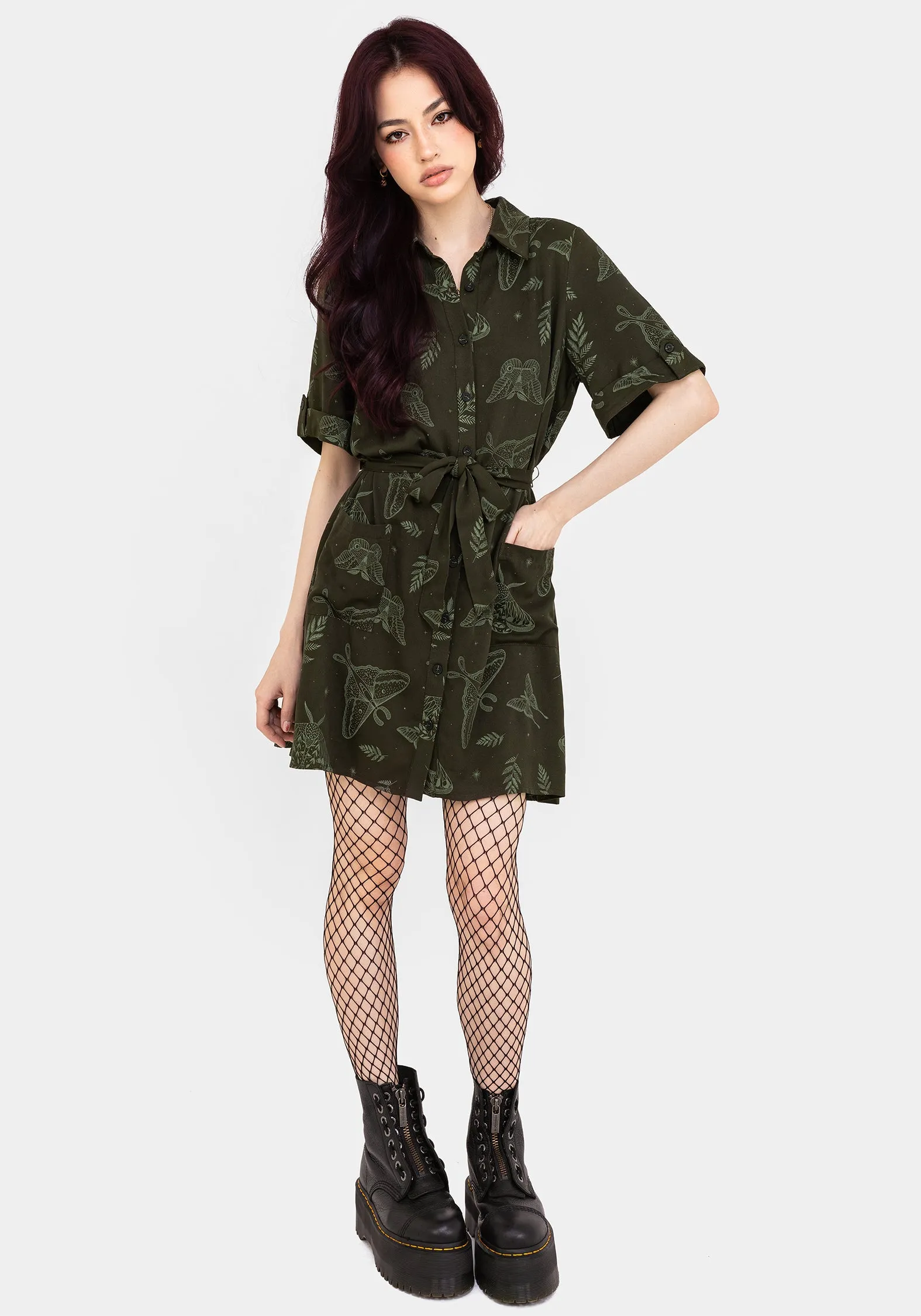 Callopistria Moth Print Mini Shirt Dress - Green sold by Disturbia product image thumbnail 4