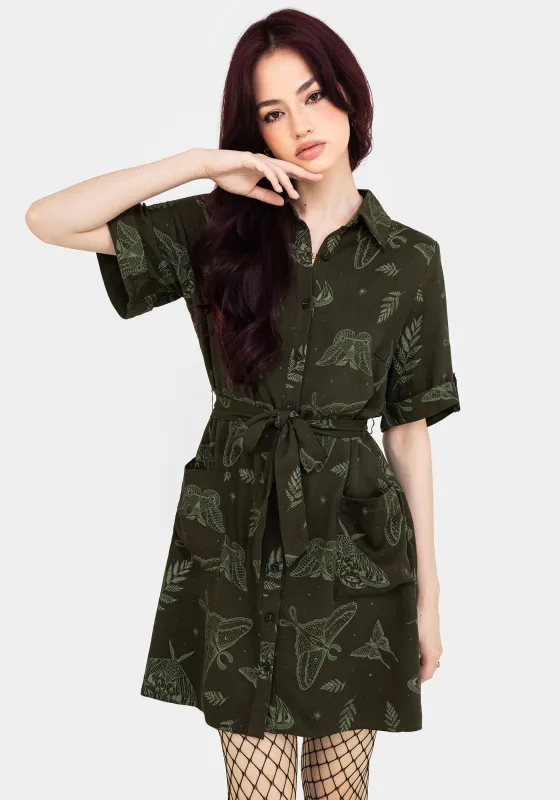 Callopistria Moth Print Mini Shirt Dress - Green sold by Disturbia
