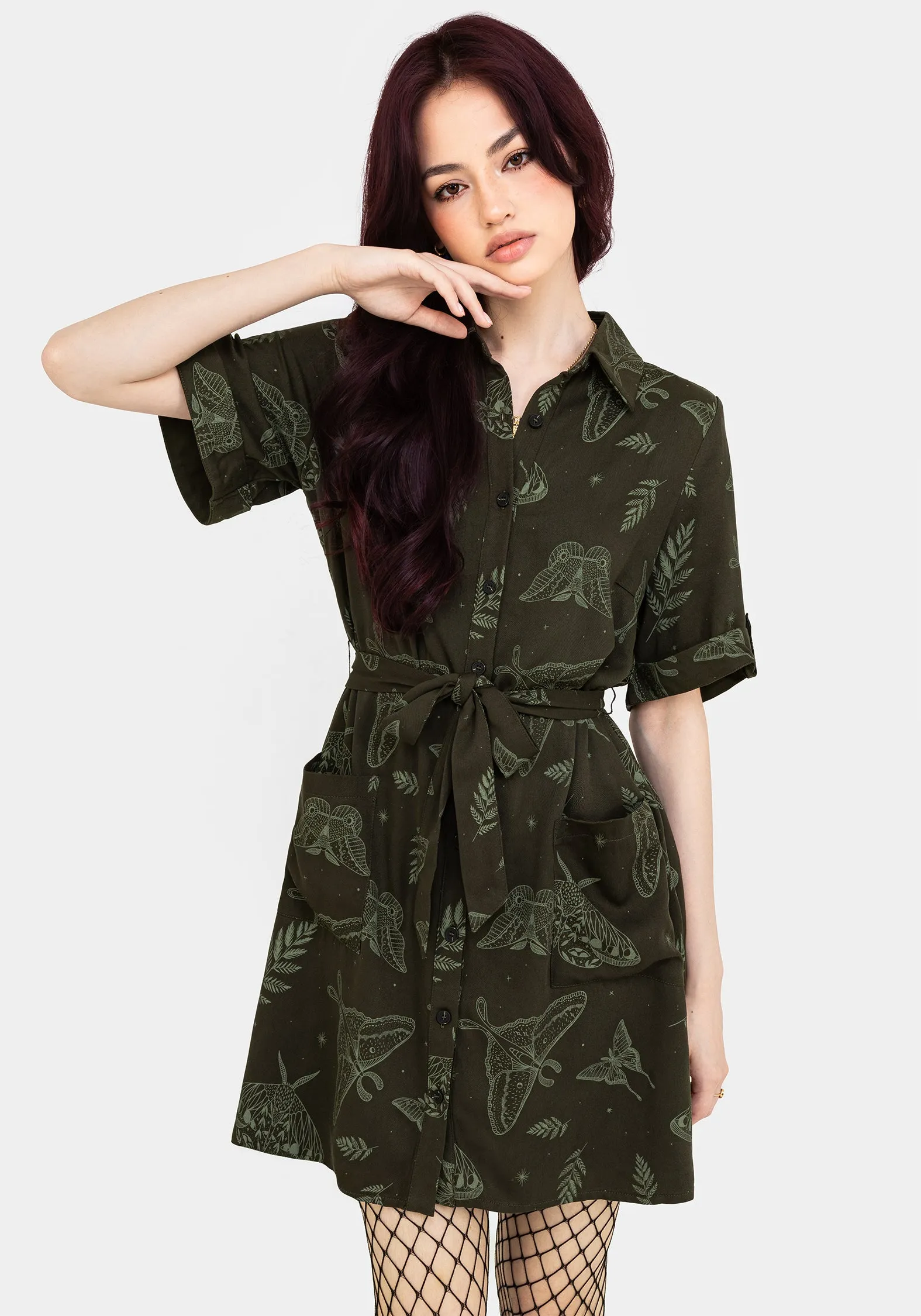 Callopistria Moth Print Mini Shirt Dress - Green sold by Disturbia