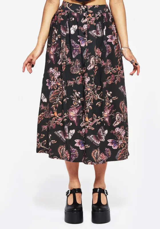Eloise Floral Butterfly Print Button Up Midi Skirt sold by Disturbia
