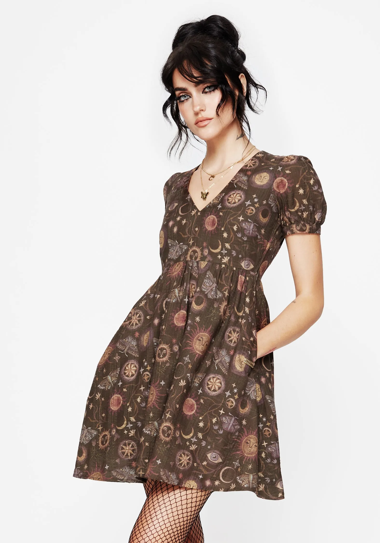 Rhea Cotton Blend Moth and Moon Print Mini Smock Dress sold by Disturbia product image thumbnail 5