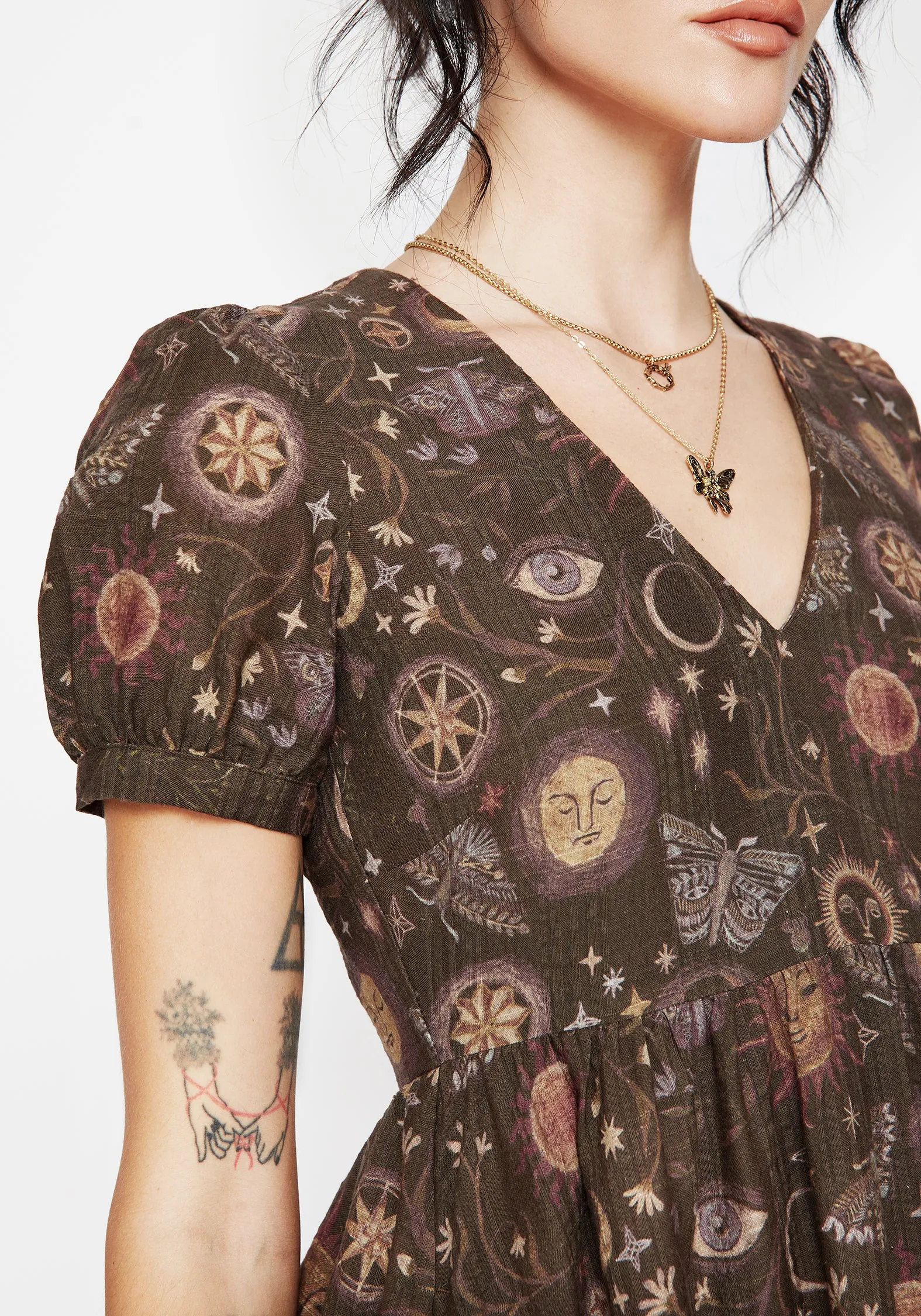 Rhea Cotton Blend Moth and Moon Print Mini Smock Dress sold by Disturbia product image thumbnail 2