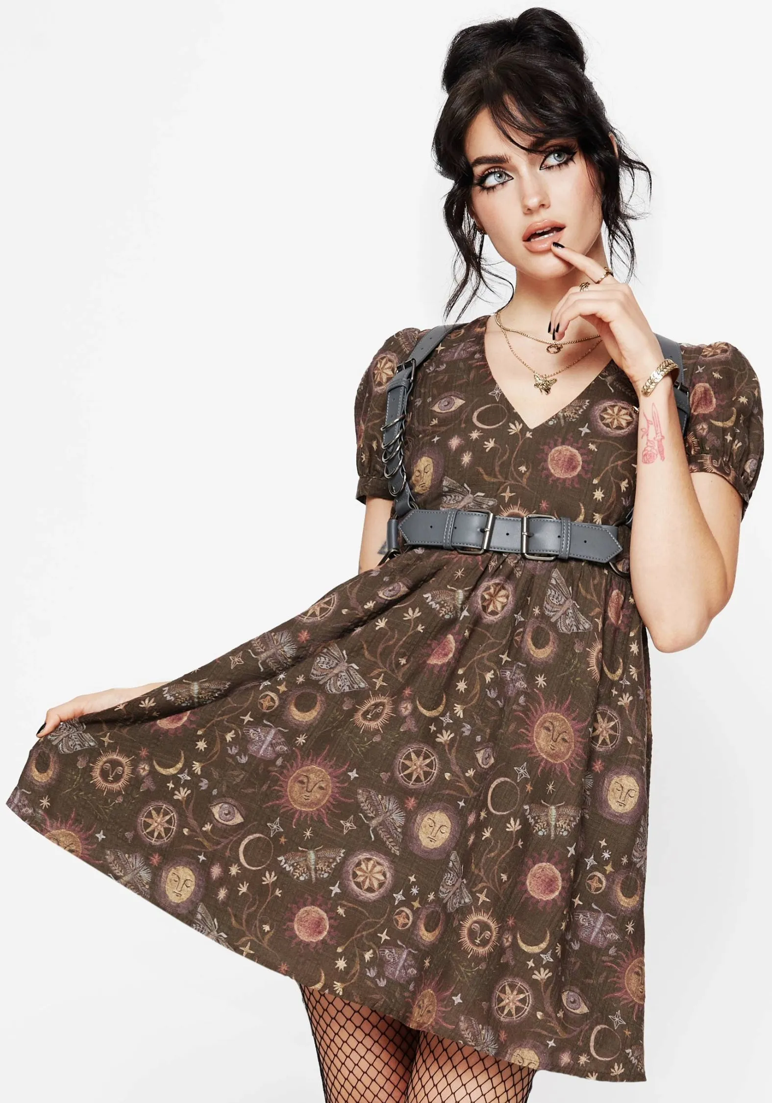 Rhea Cotton Blend Moth and Moon Print Mini Smock Dress sold by Disturbia