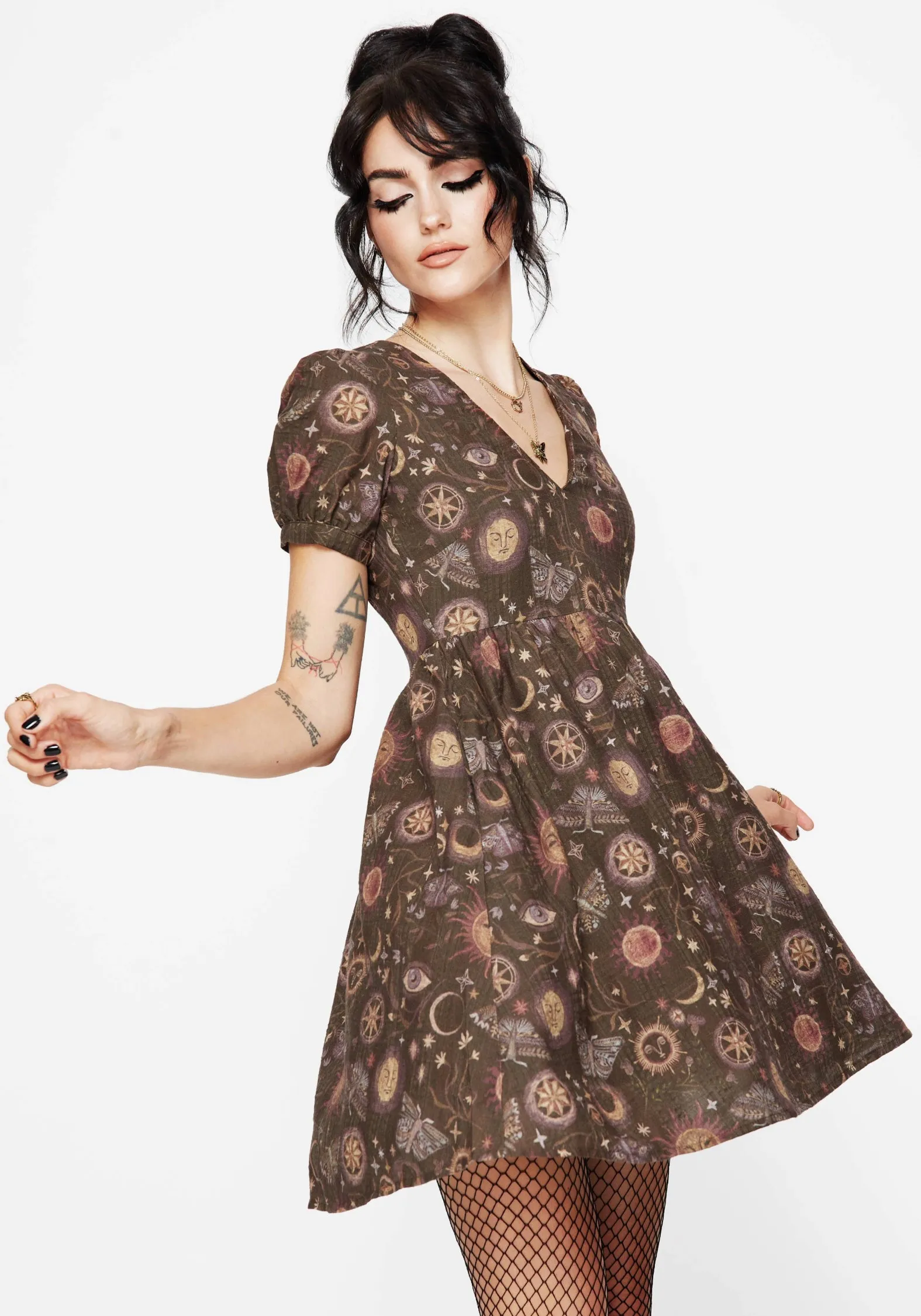 Rhea Cotton Blend Moth and Moon Print Mini Smock Dress sold by Disturbia product image thumbnail 4