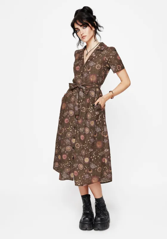 Rhea Cotton Blend Moth and Moon Print Midi Shirt Dress sold by Disturbia