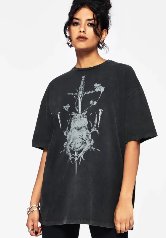 Anura Oversized Acid Wash Frog Graphic Print T-shirt sold by Disturbia