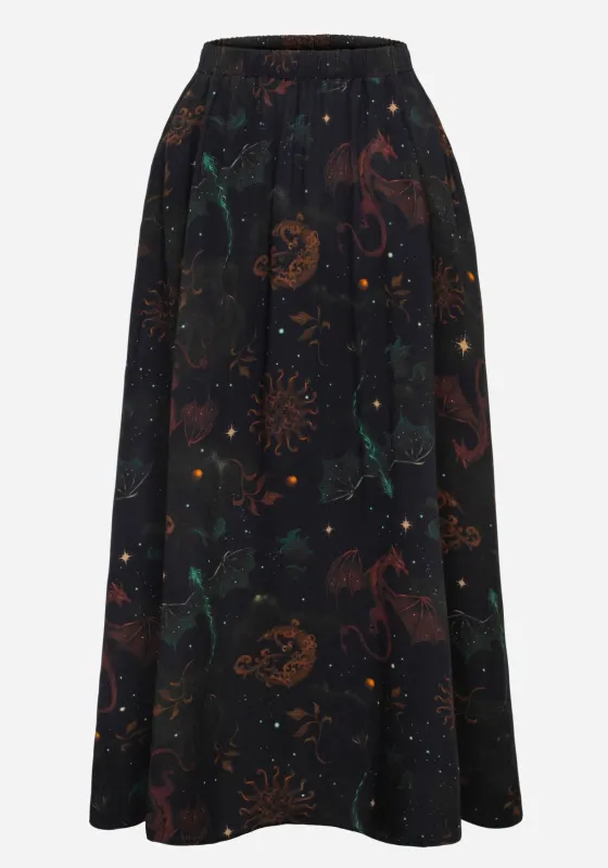 Phoenix Dragon Printed Pleated Midi Skirt sold by Disturbia