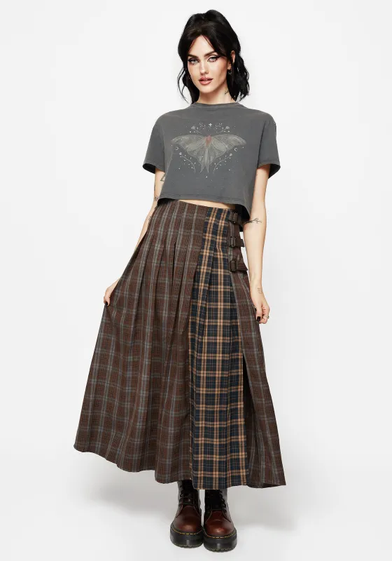 Raven Pleated Check Buckle Detail Maxi Skirt sold by Disturbia