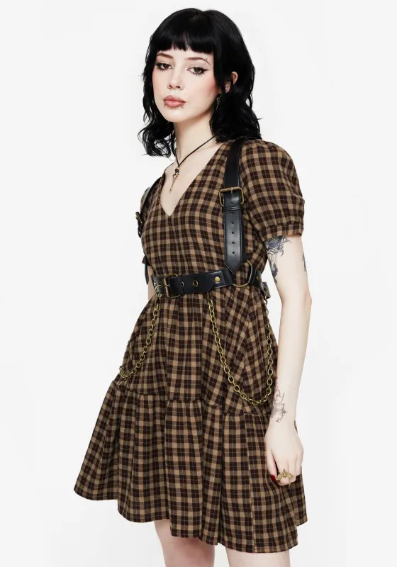 Terra Cotton Check Smock Mini Dress - Brown sold by Disturbia