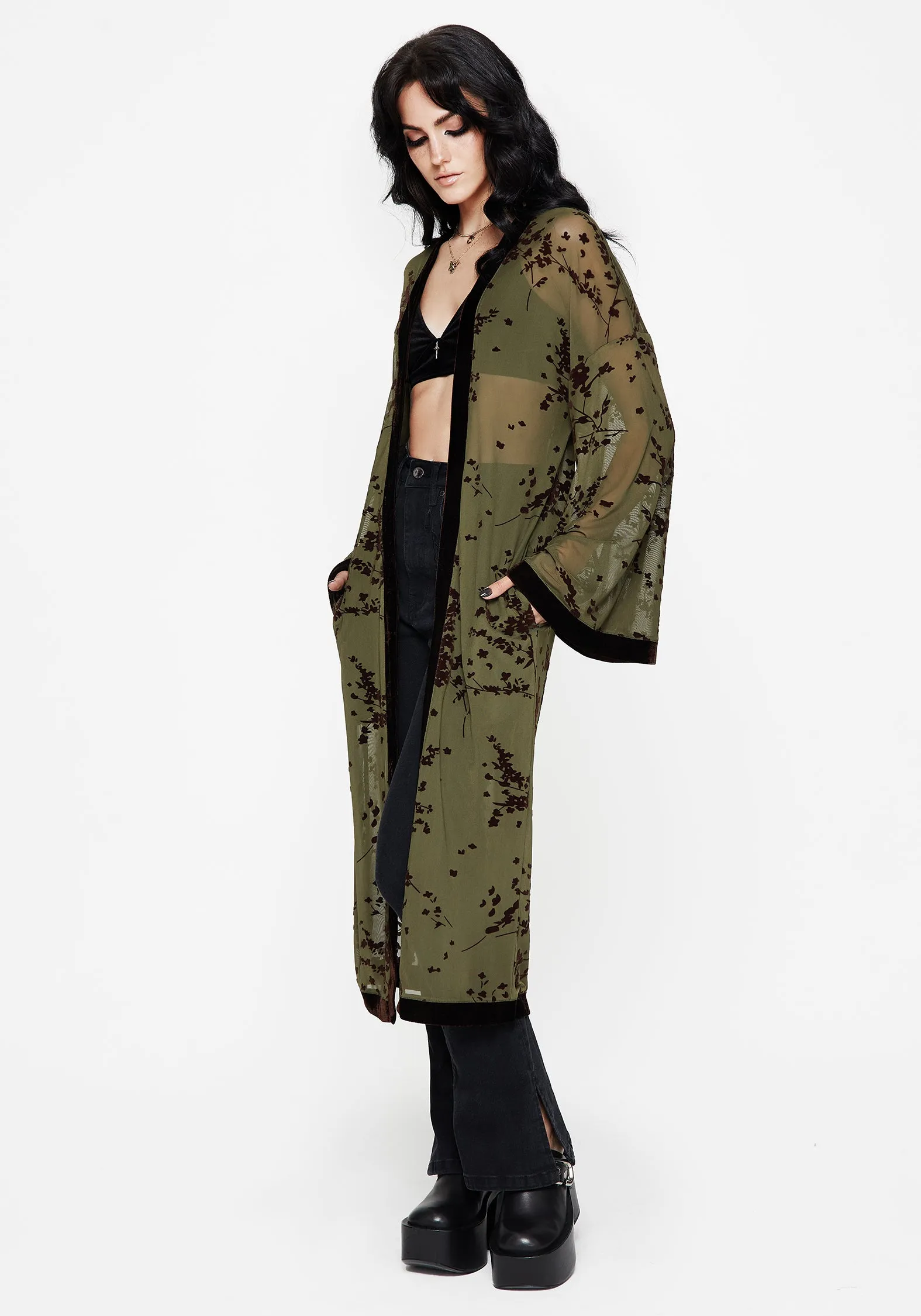 Jael Flocked Longline Mesh Kimono sold by Disturbia