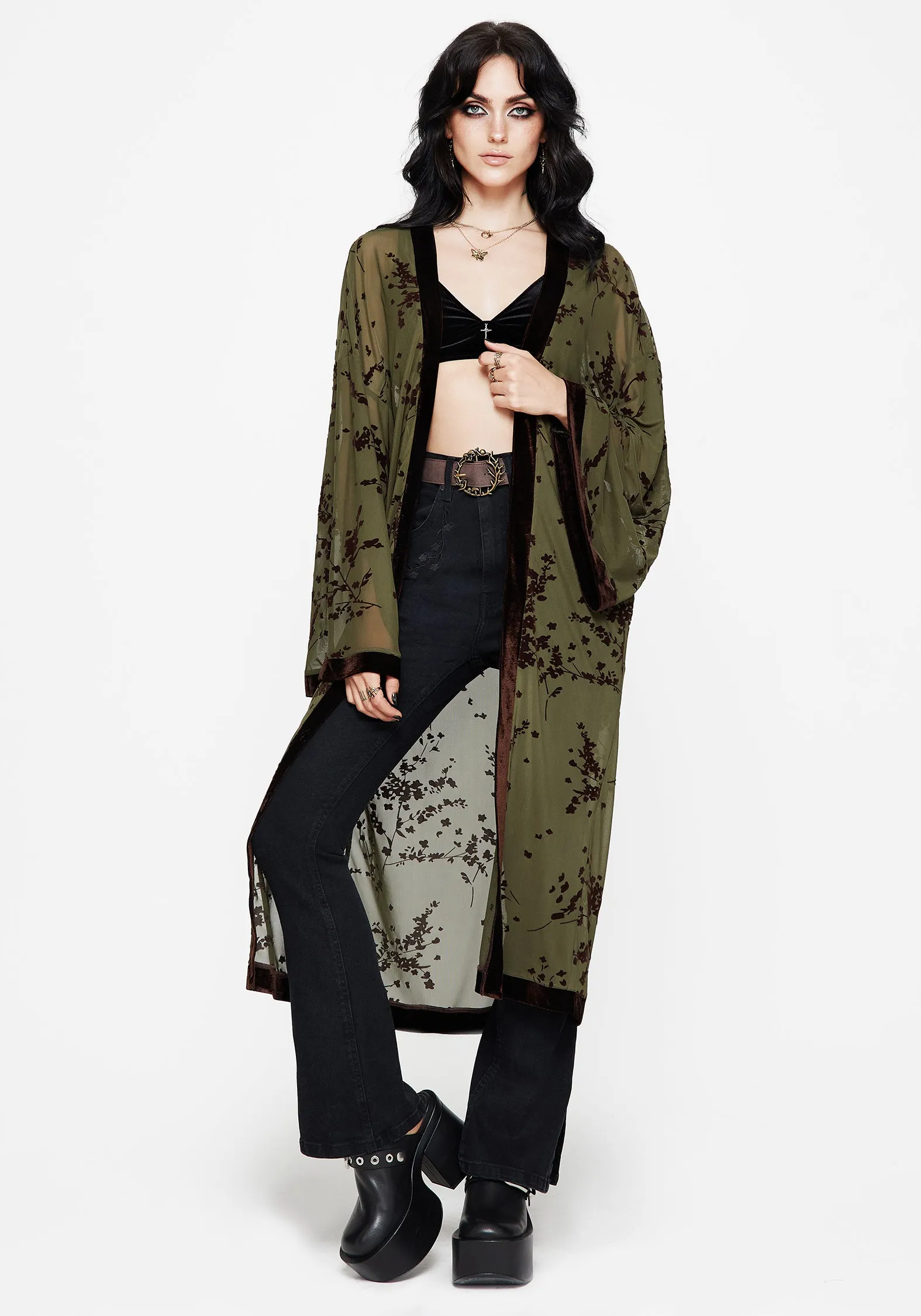 Jael Flocked Longline Mesh Kimono sold by Disturbia product image thumbnail 5