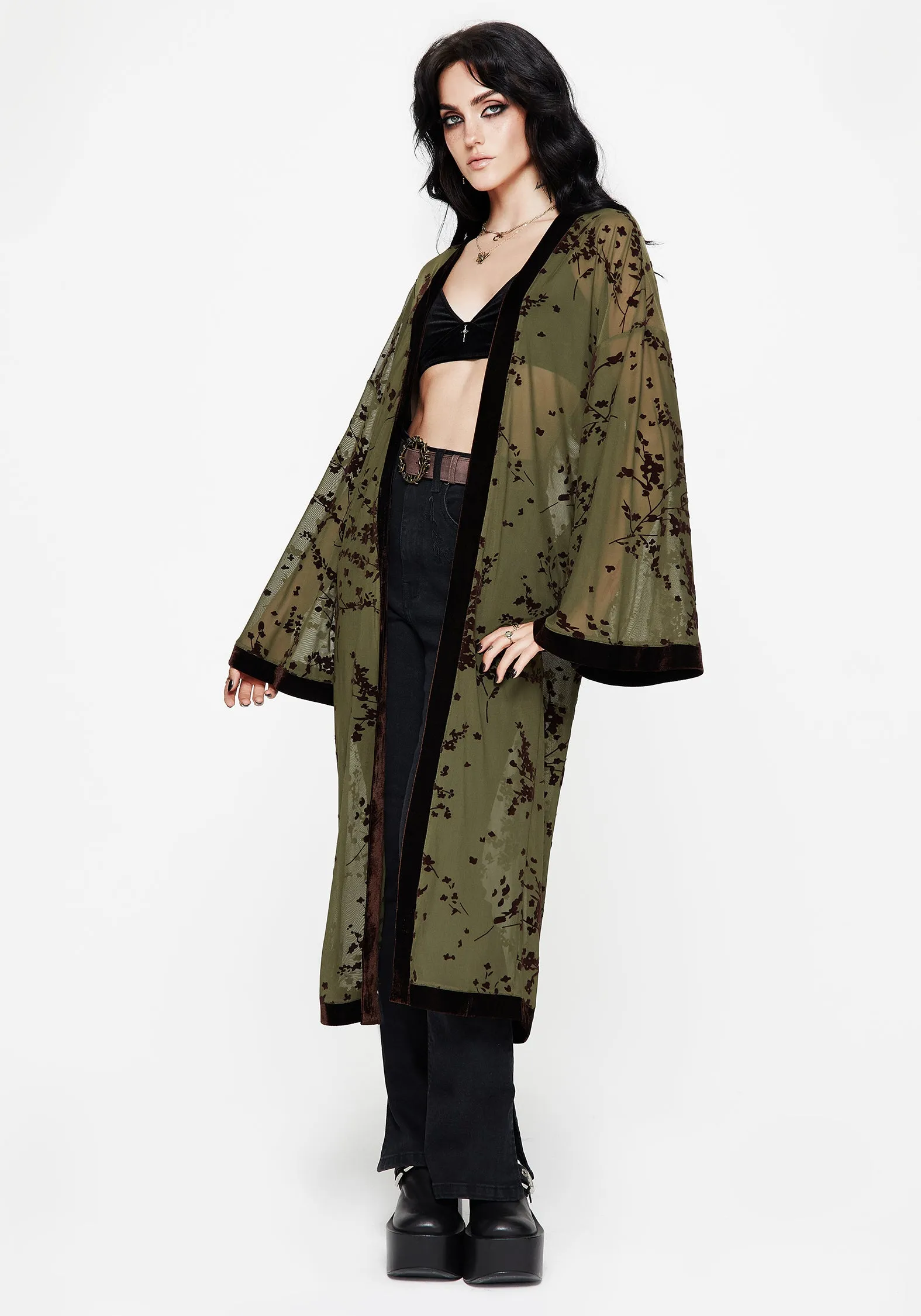 Jael Flocked Longline Mesh Kimono sold by Disturbia product image thumbnail 4