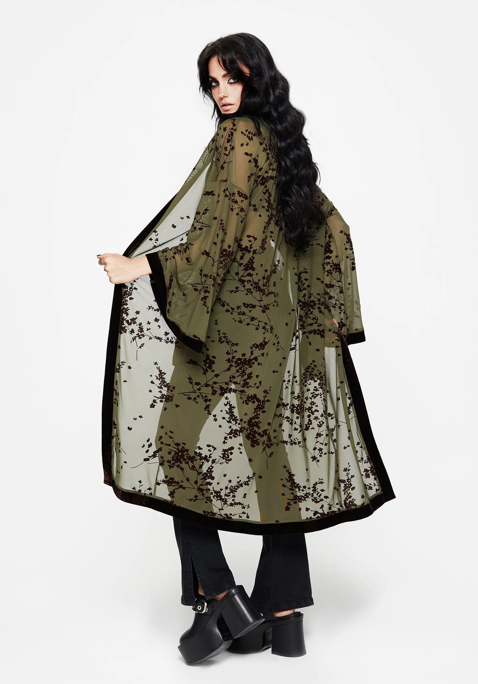 Jael Flocked Longline Mesh Kimono sold by Disturbia product image thumbnail 3