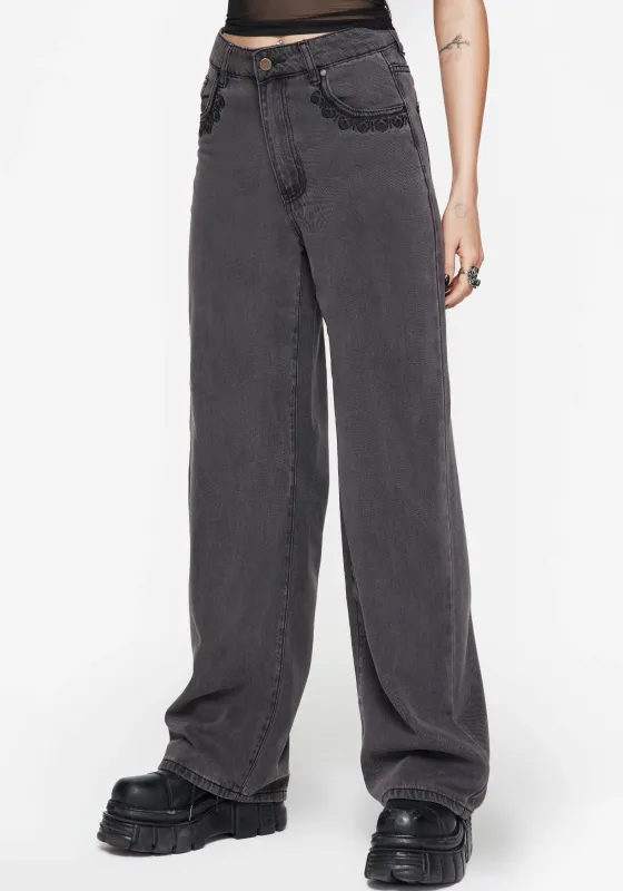 Nara Wide Leg Distressed Gothic Embroidery Jeans sold by Disturbia