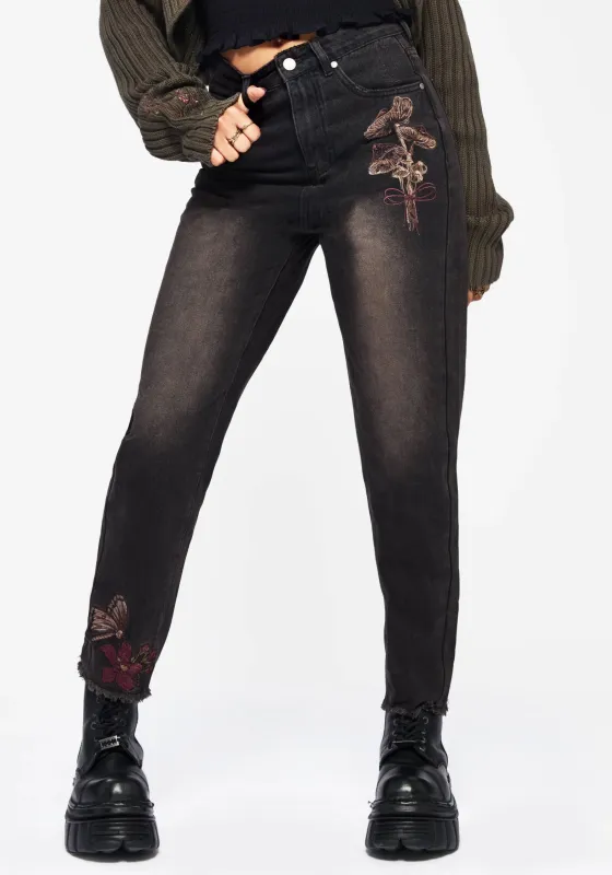 Valeria Floral Moth Embroidered Mom Jeans sold by Disturbia