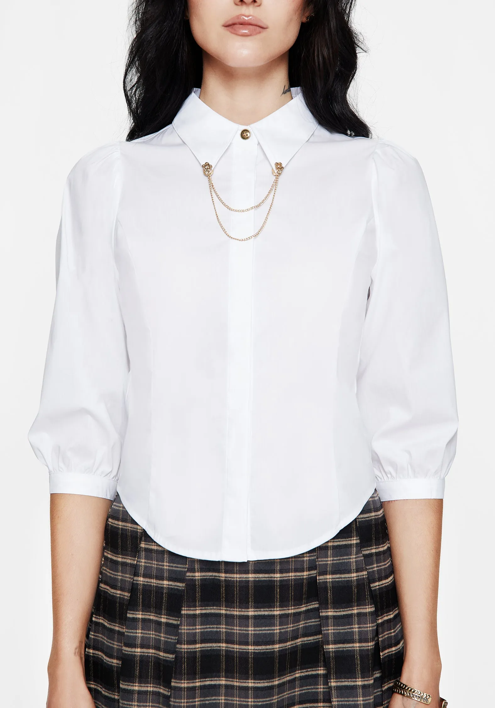 Mire Button Up Puff Sleeve Shirt With Brooch sold by Disturbia product image thumbnail 5