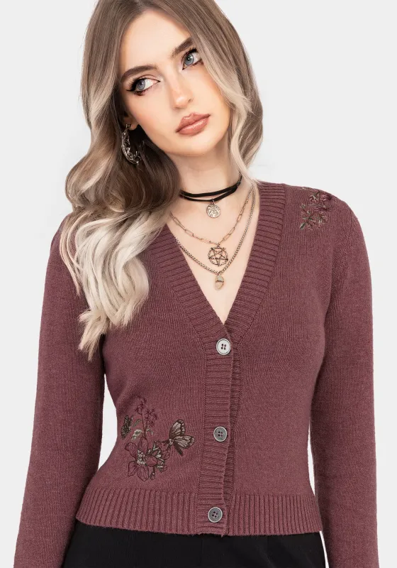 Dana Floral Moth Embroidered Cardigan - Purple sold by Disturbia
