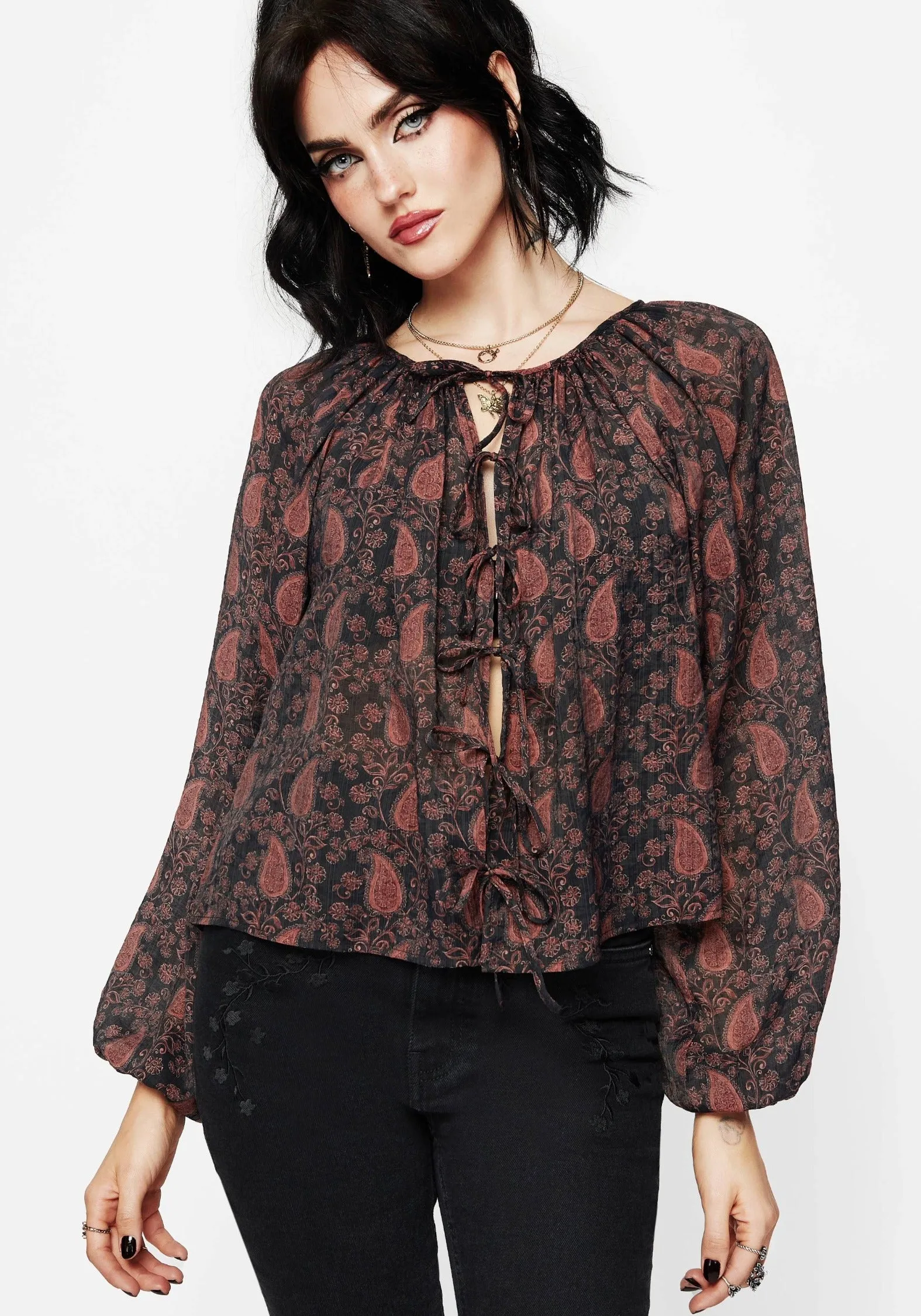 Isola Sheer Paisley Tie Front Blouse sold by Disturbia