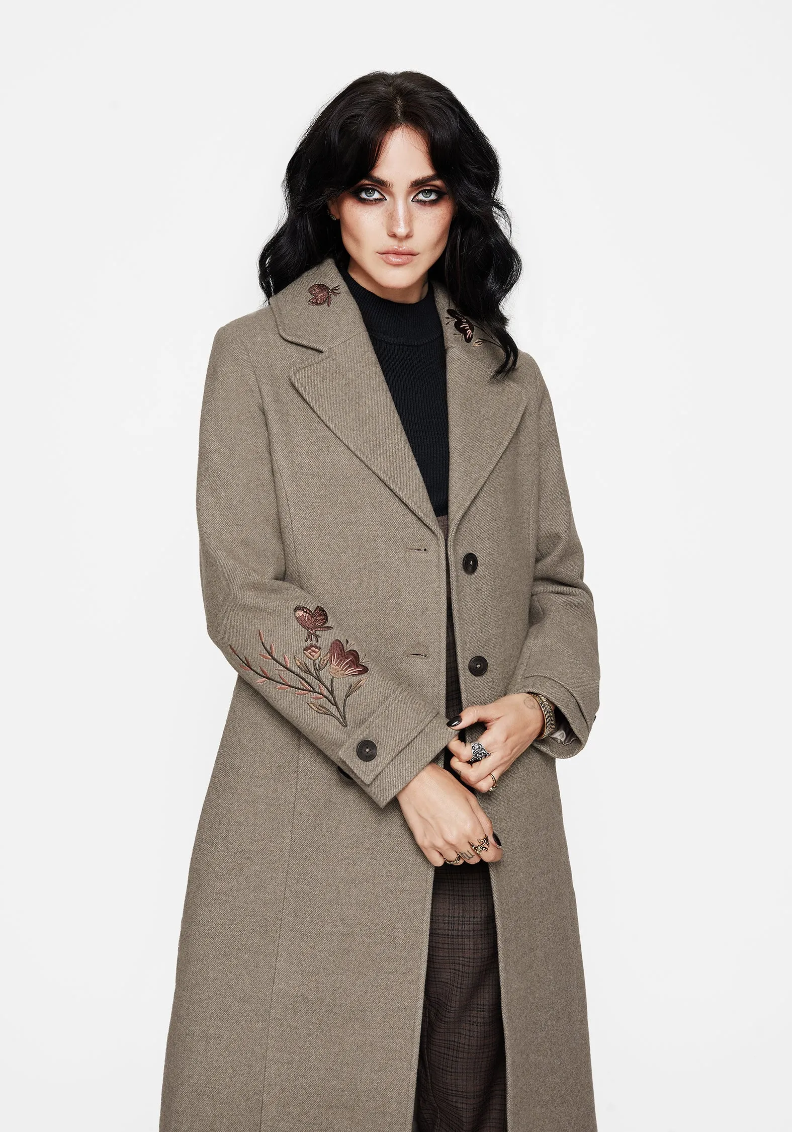 Valeria Floral Embroidered Herringbone Longline Coat sold by Disturbia product image thumbnail 4