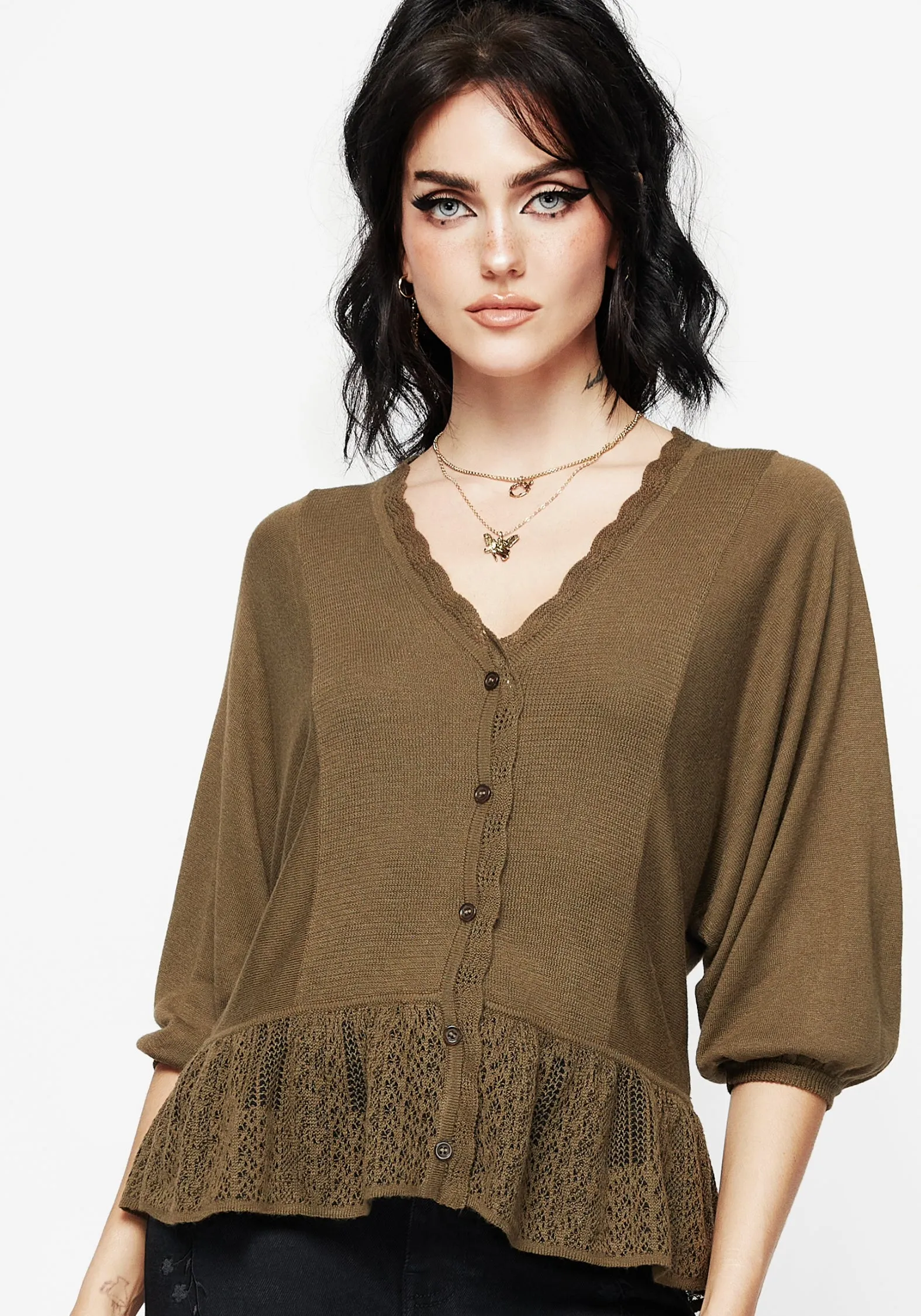 Avalon Puff Sleeve Button Up Knit Blouse sold by Disturbia