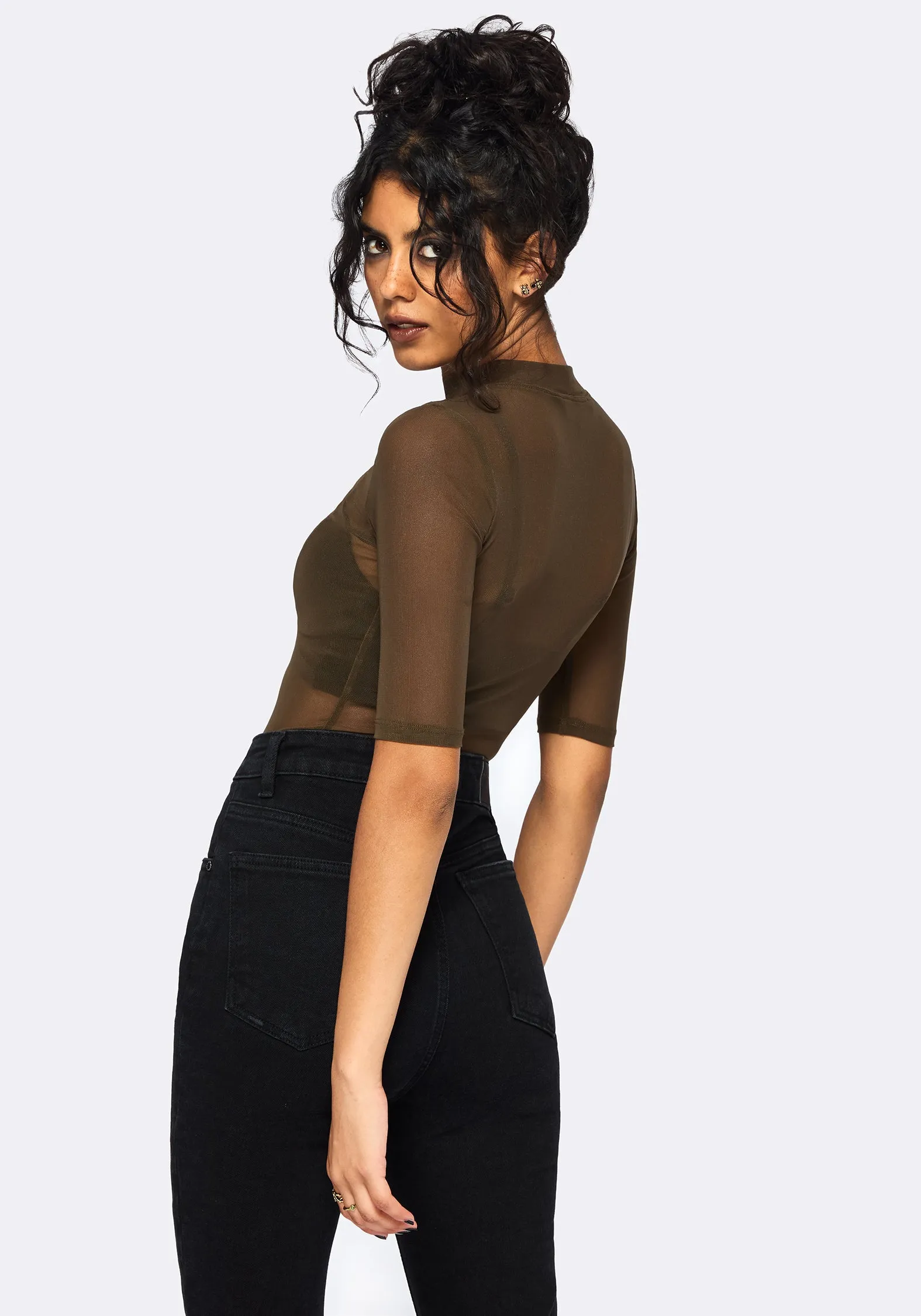 Jinx Mesh Short Sleeve Top - Khaki Green sold by Disturbia product image thumbnail 3