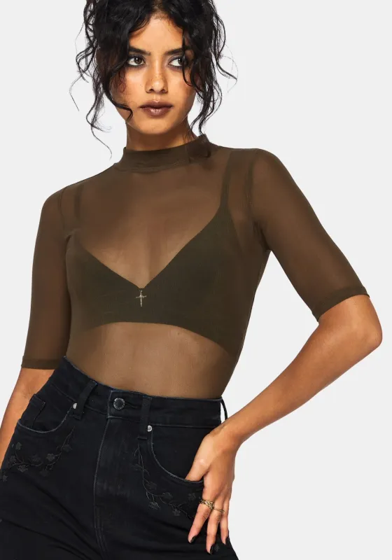 Jinx Mesh Short Sleeve Top - Khaki Green sold by Disturbia