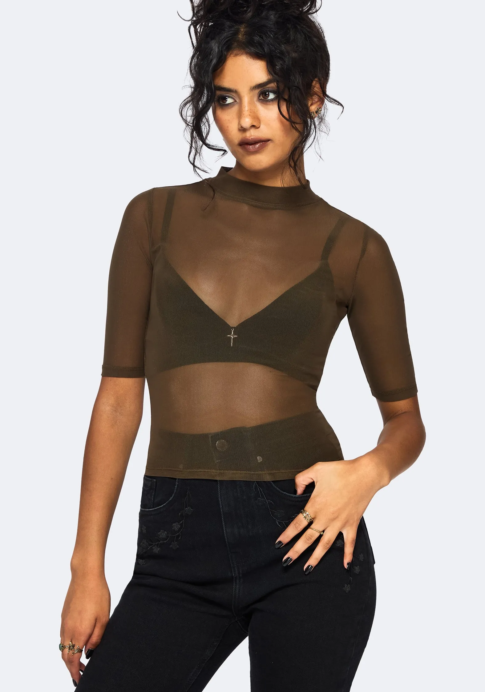 Jinx Mesh Short Sleeve Top - Khaki Green sold by Disturbia product image thumbnail 5