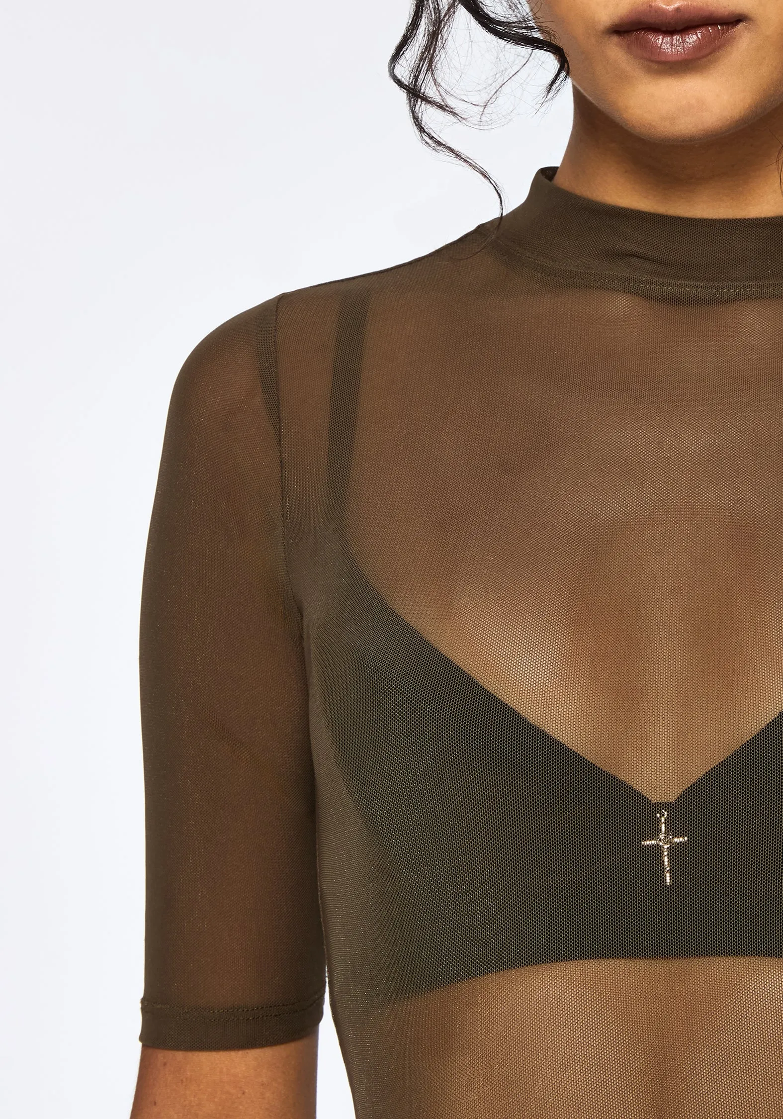 Jinx Mesh Short Sleeve Top - Khaki Green sold by Disturbia product image thumbnail 2