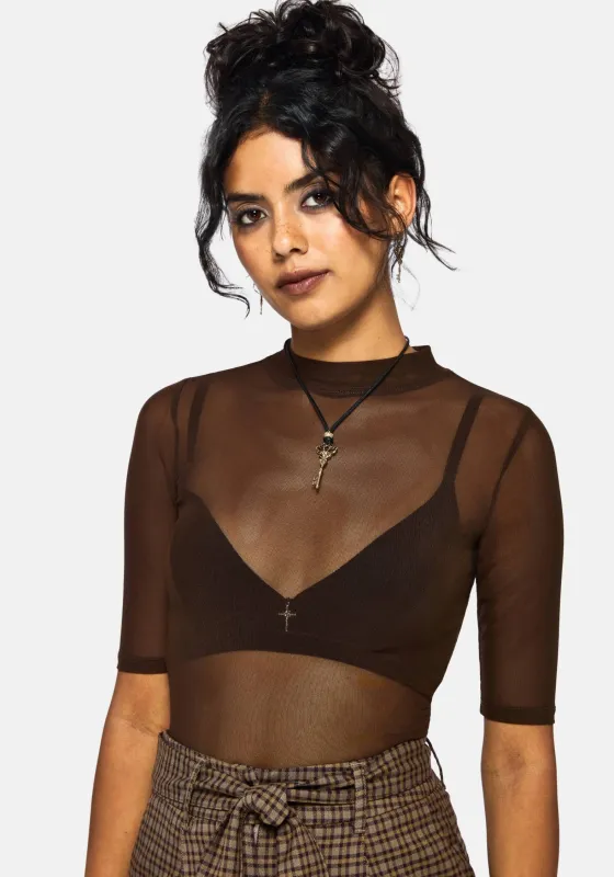Jinx Mesh Short Sleeve Top - Brown sold by Disturbia