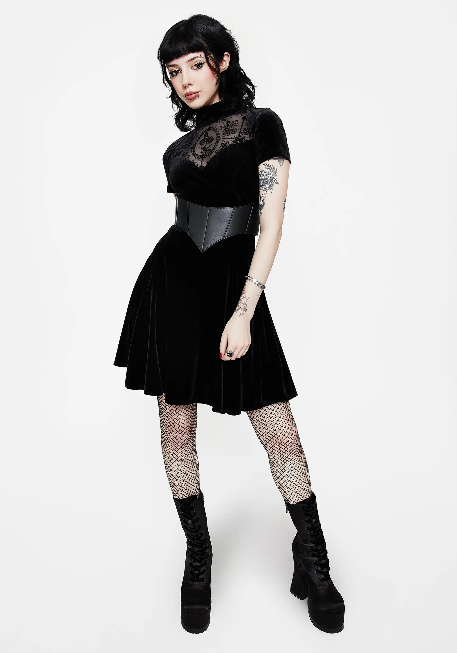 Cameo High Neck Flocked Mesh Insert Skater Mini Dress sold by Disturbia product image thumbnail 5