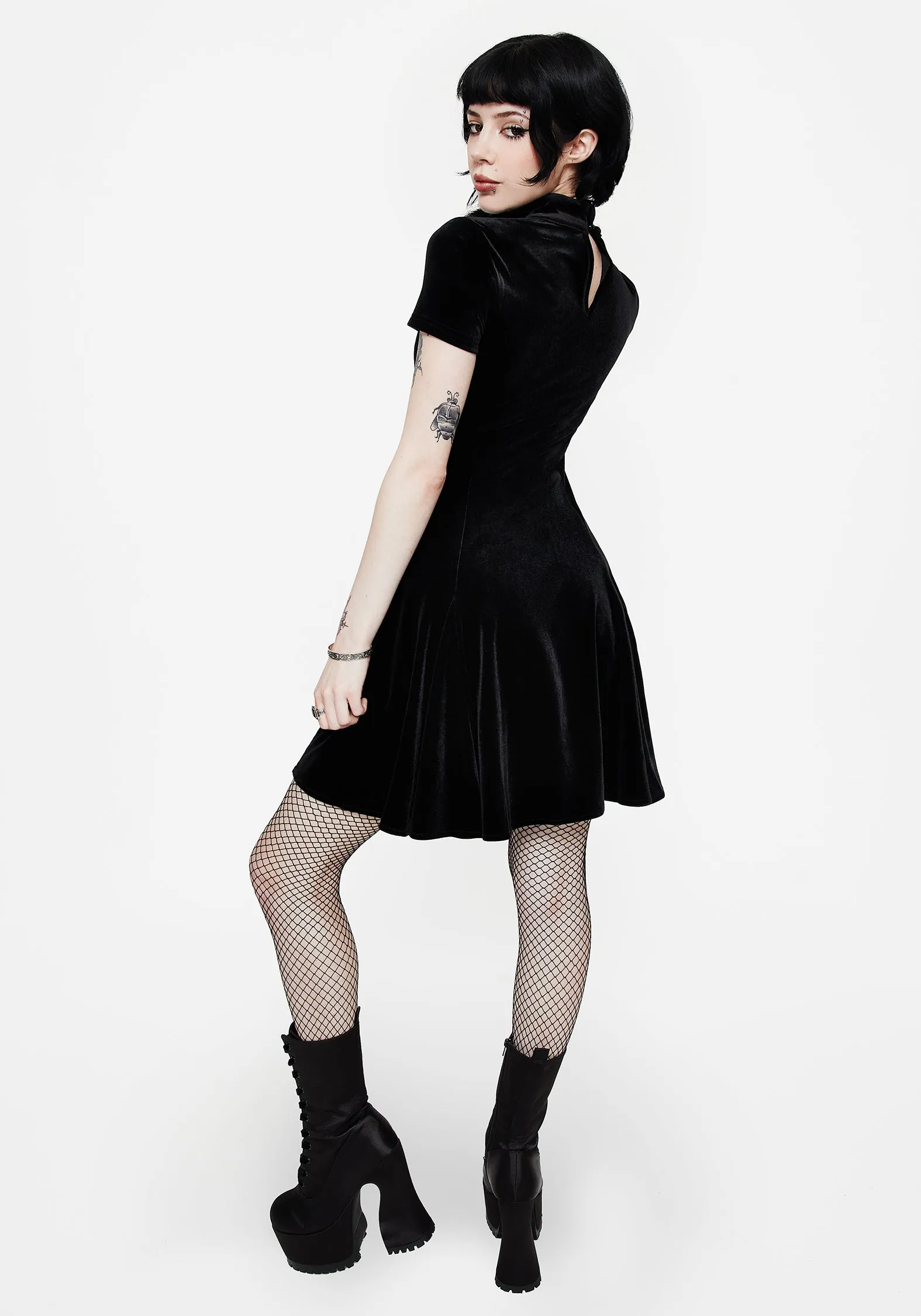Cameo High Neck Flocked Mesh Insert Skater Mini Dress sold by Disturbia product image thumbnail 3