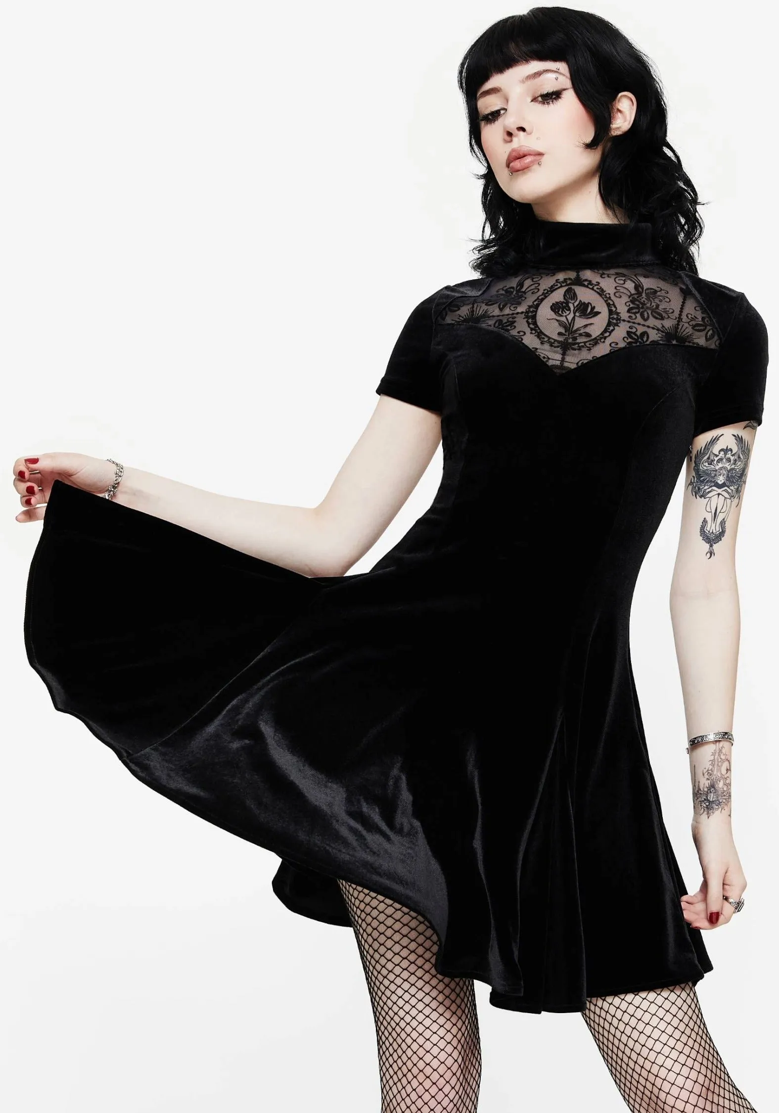 Cameo High Neck Flocked Mesh Insert Skater Mini Dress sold by Disturbia