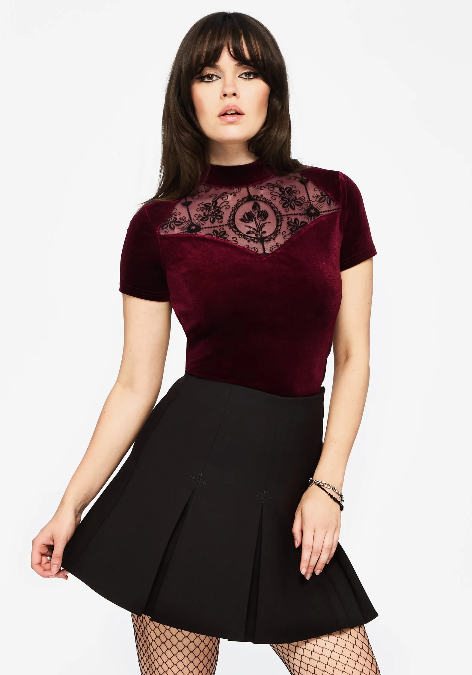 Cameo Floral Flocked Mesh Velour High Neck Top - Red sold by Disturbia product image thumbnail 4