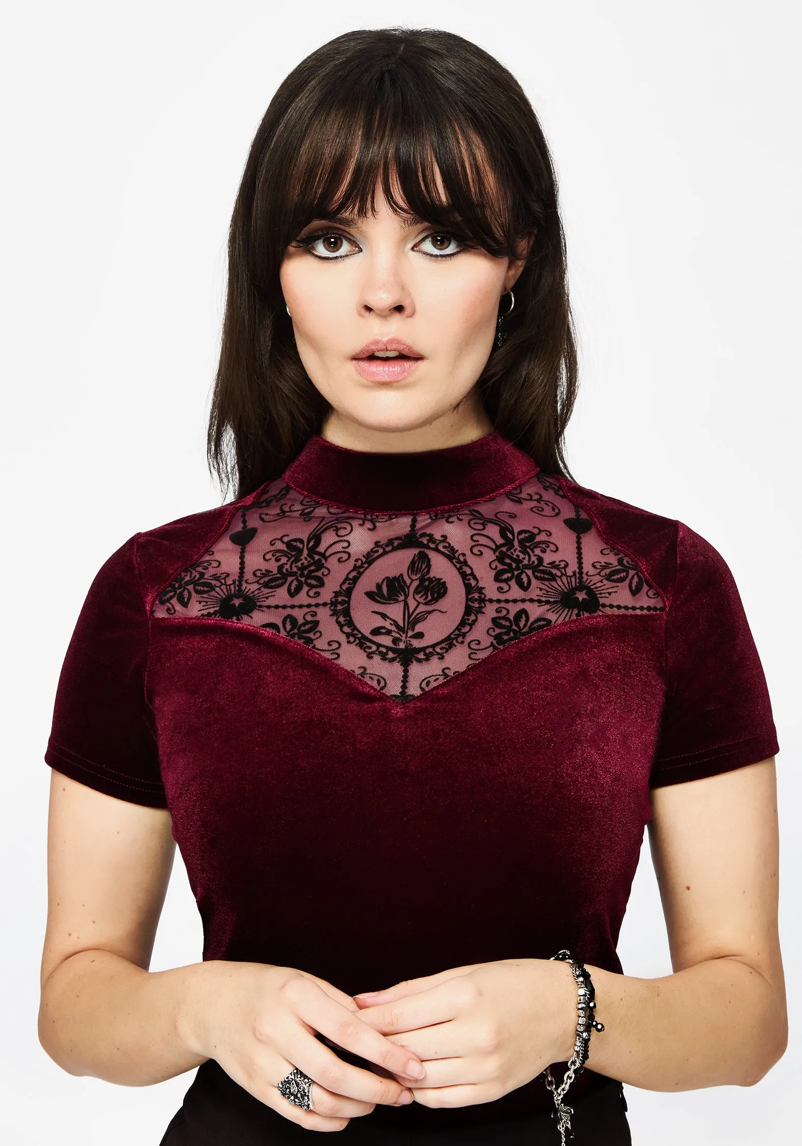 Cameo Floral Flocked Mesh Velour High Neck Top - Red sold by Disturbia product image thumbnail 2