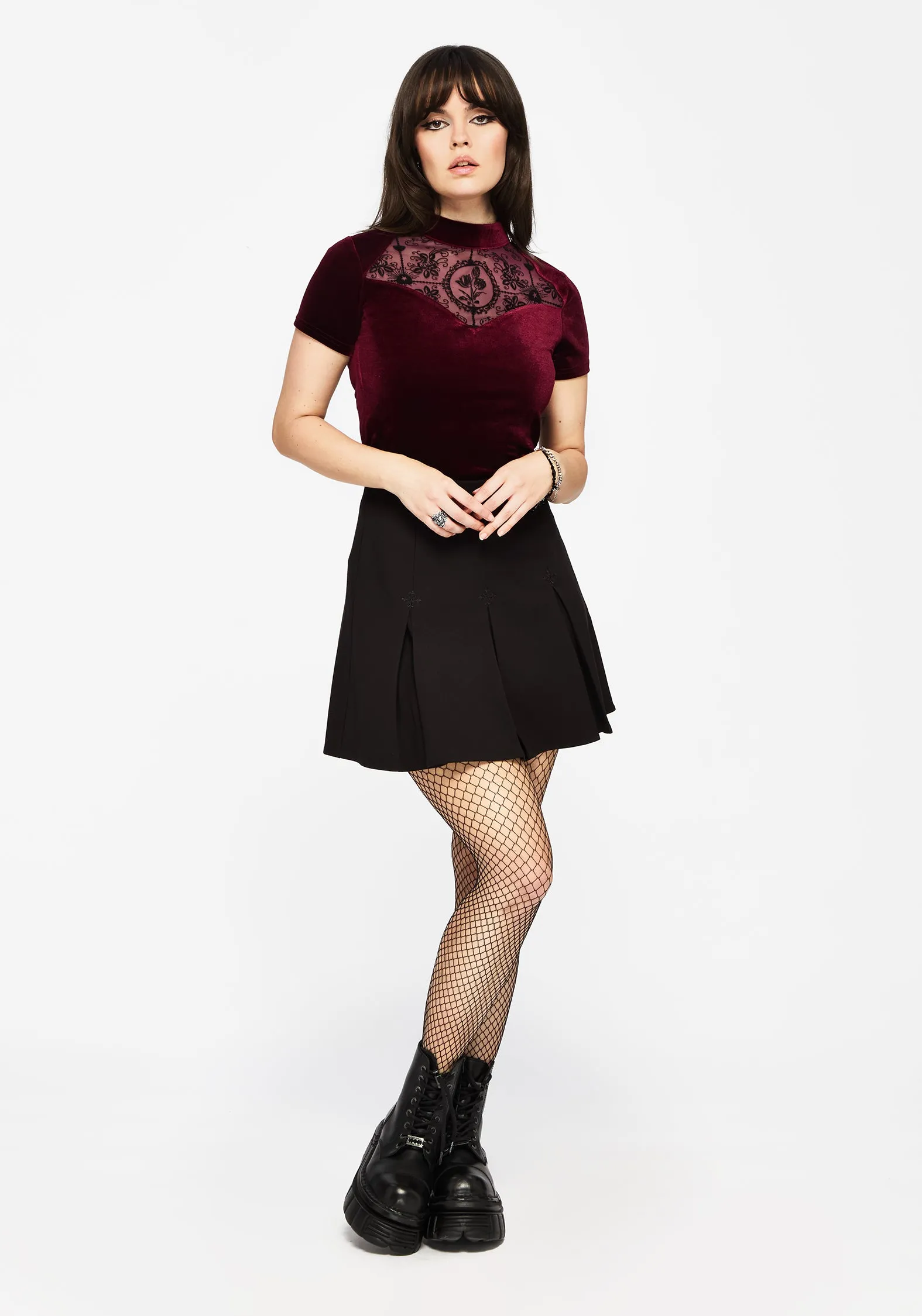 Cameo Floral Flocked Mesh Velour High Neck Top - Red sold by Disturbia product image thumbnail 5