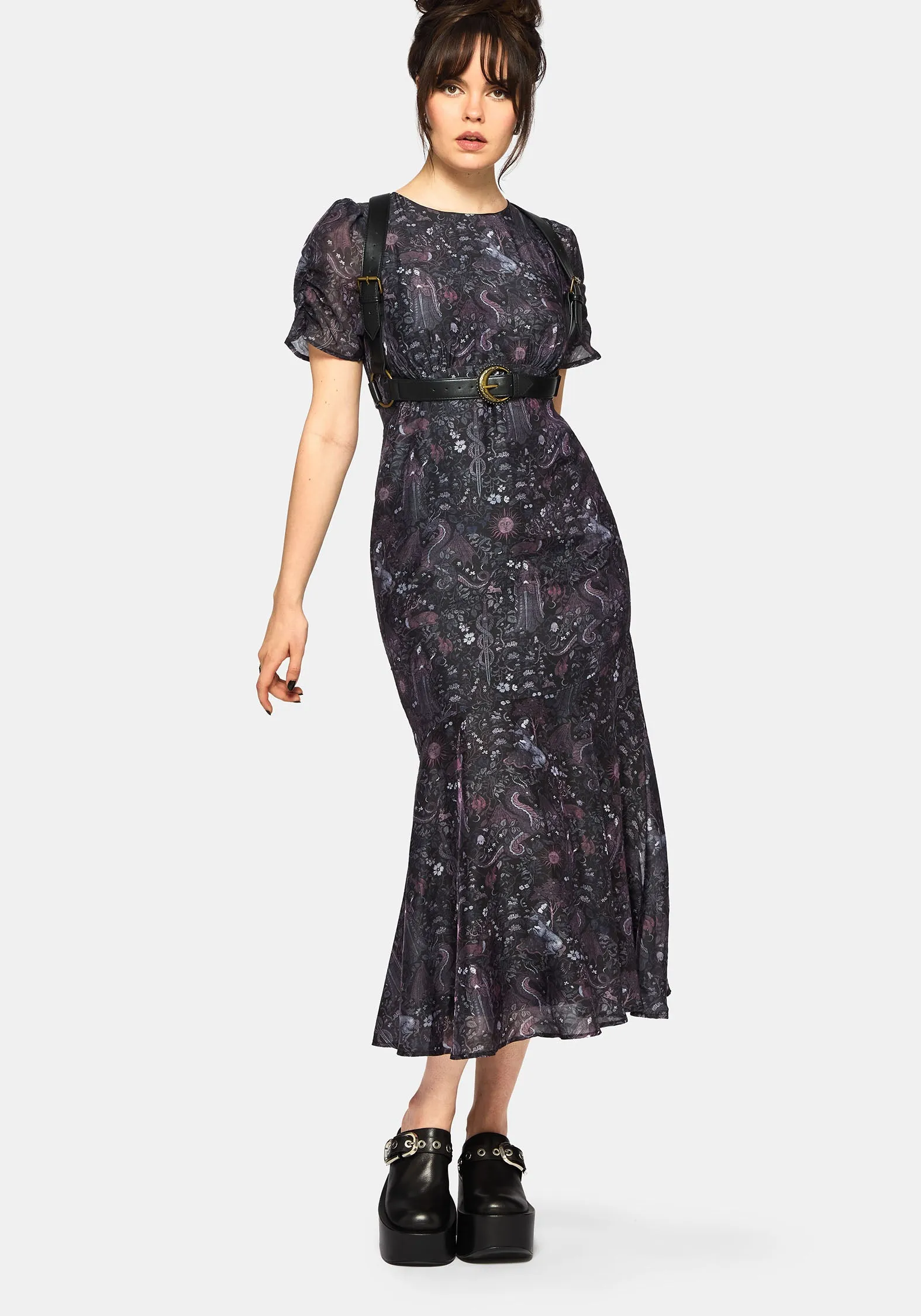 Haunt Medieval Print Chiffon Maxi Dress sold by Disturbia