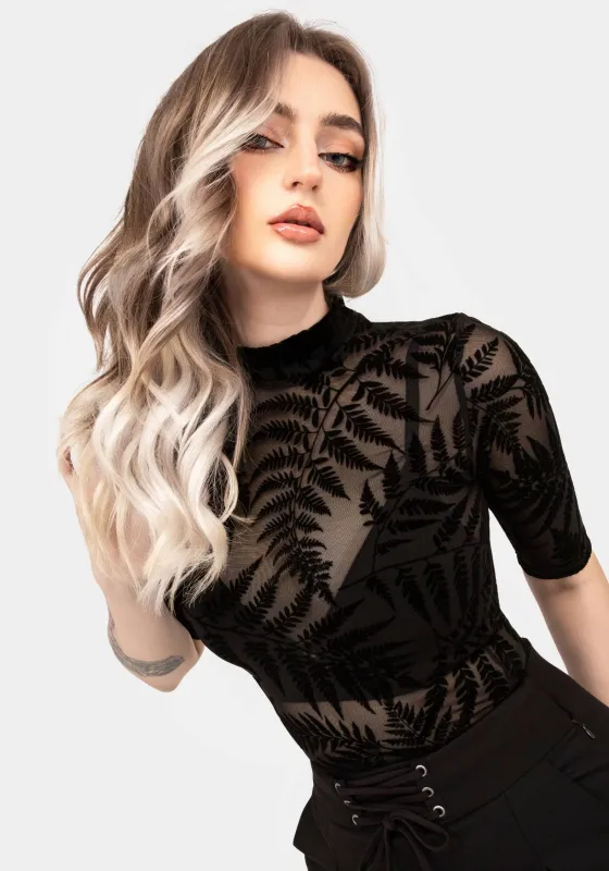 Lunafern Flocked Fern Short Sleeve Mesh Top sold by Disturbia
