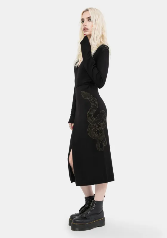 Serpent Snake Embroidered Knit Midi Dress - Black sold by Disturbia