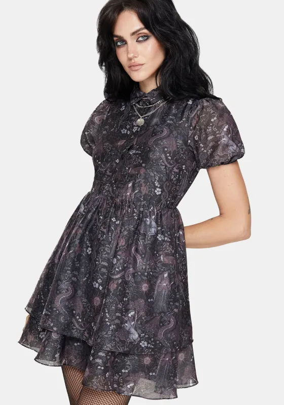 Haunt Medieval Print Chiffon Smocked Mini Dress sold by Disturbia