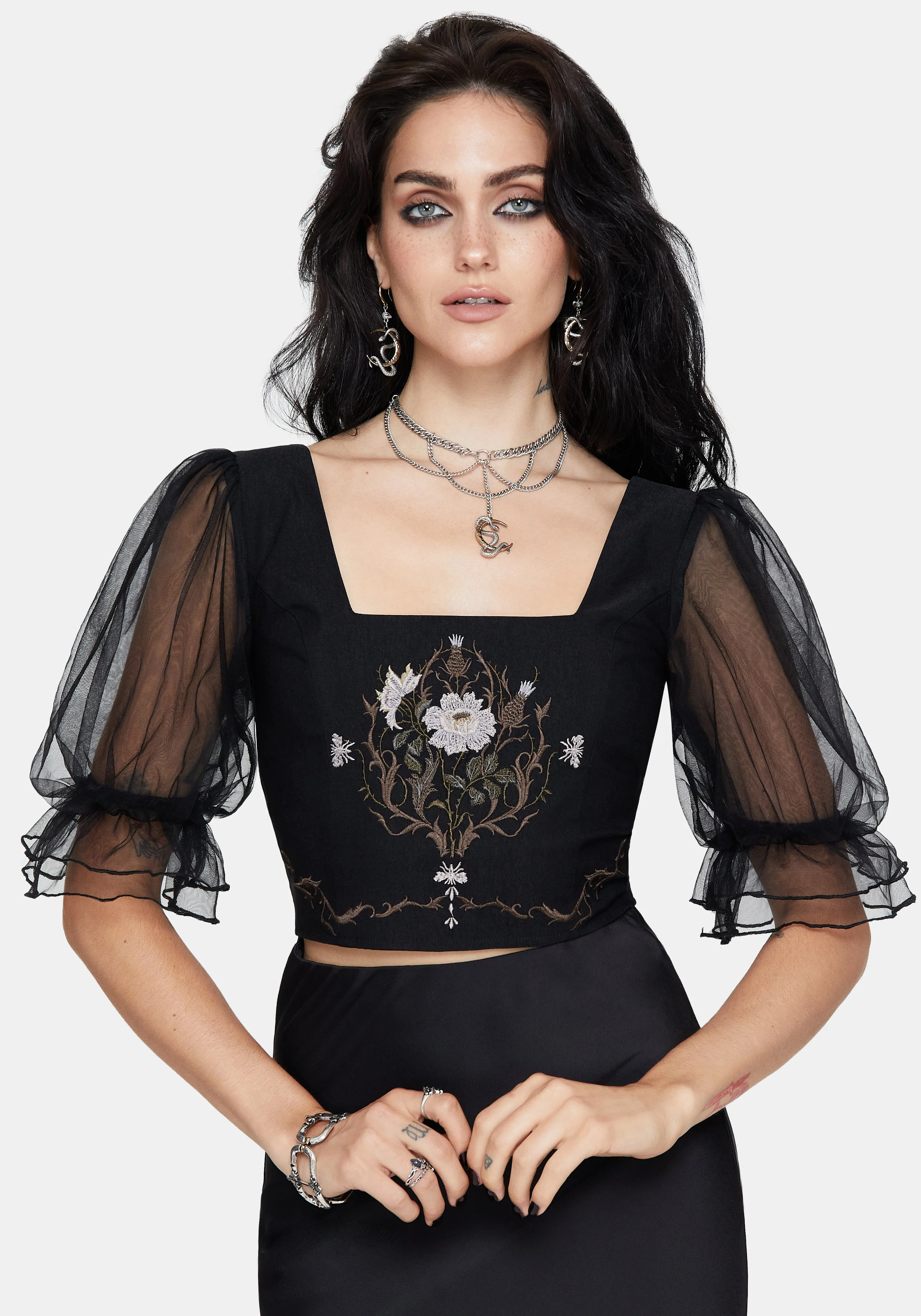 Silva Climbing Roses Embroidered Puff Sleeve Top sold by Disturbia