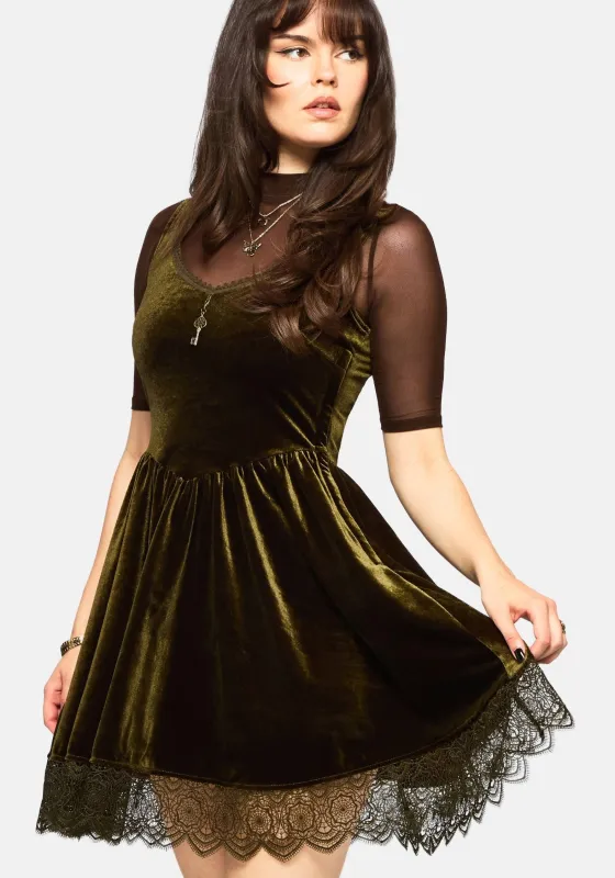 Orbweb Lace Hem Velour Mini Dress - Dark Green sold by Disturbia